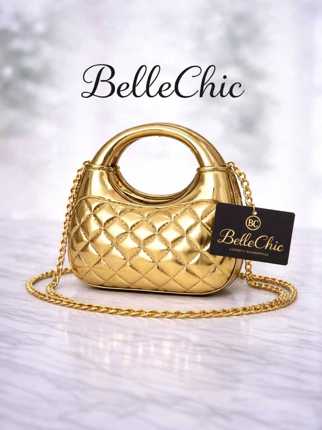 bellechic Gold Sling Bag Mini Moon Cross Body Side Bag, Handbag for Fashion, Golden Chain mini Designer