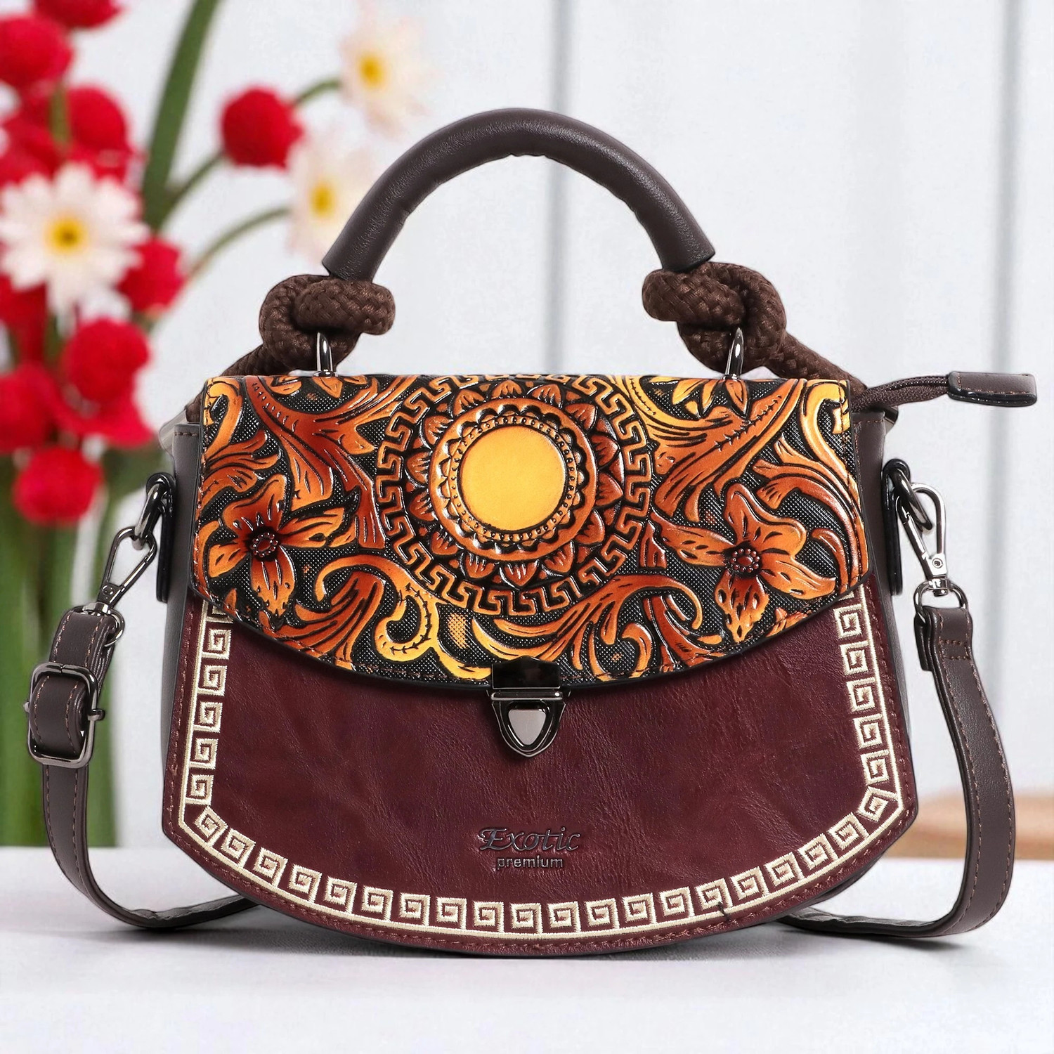 Image of Exotic Maroon Satchel Vintage Floral embossed graphics Sling Bag