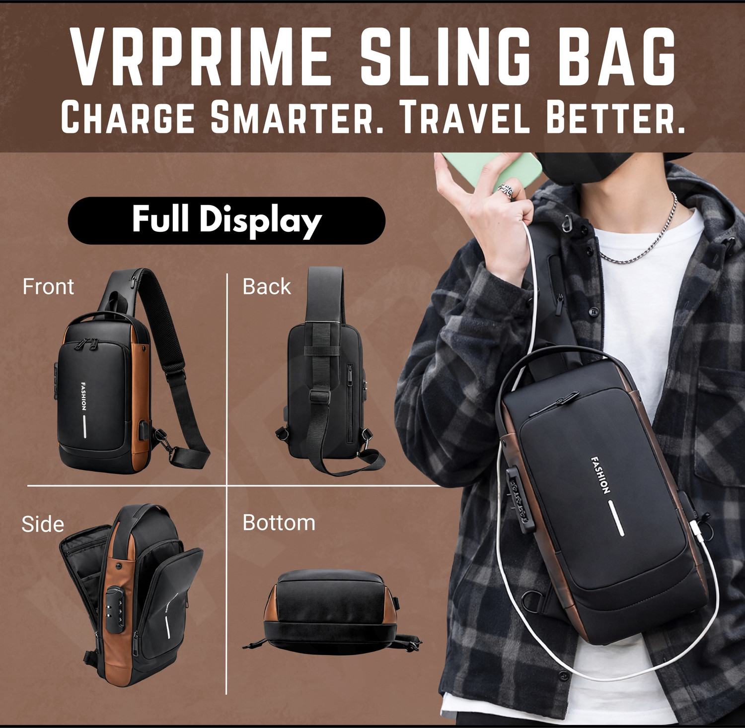 Image of VRPRIME Black Sling Bag Waterproof Anti-Theft Design with USB Charging for Travel, Office & Daily Use