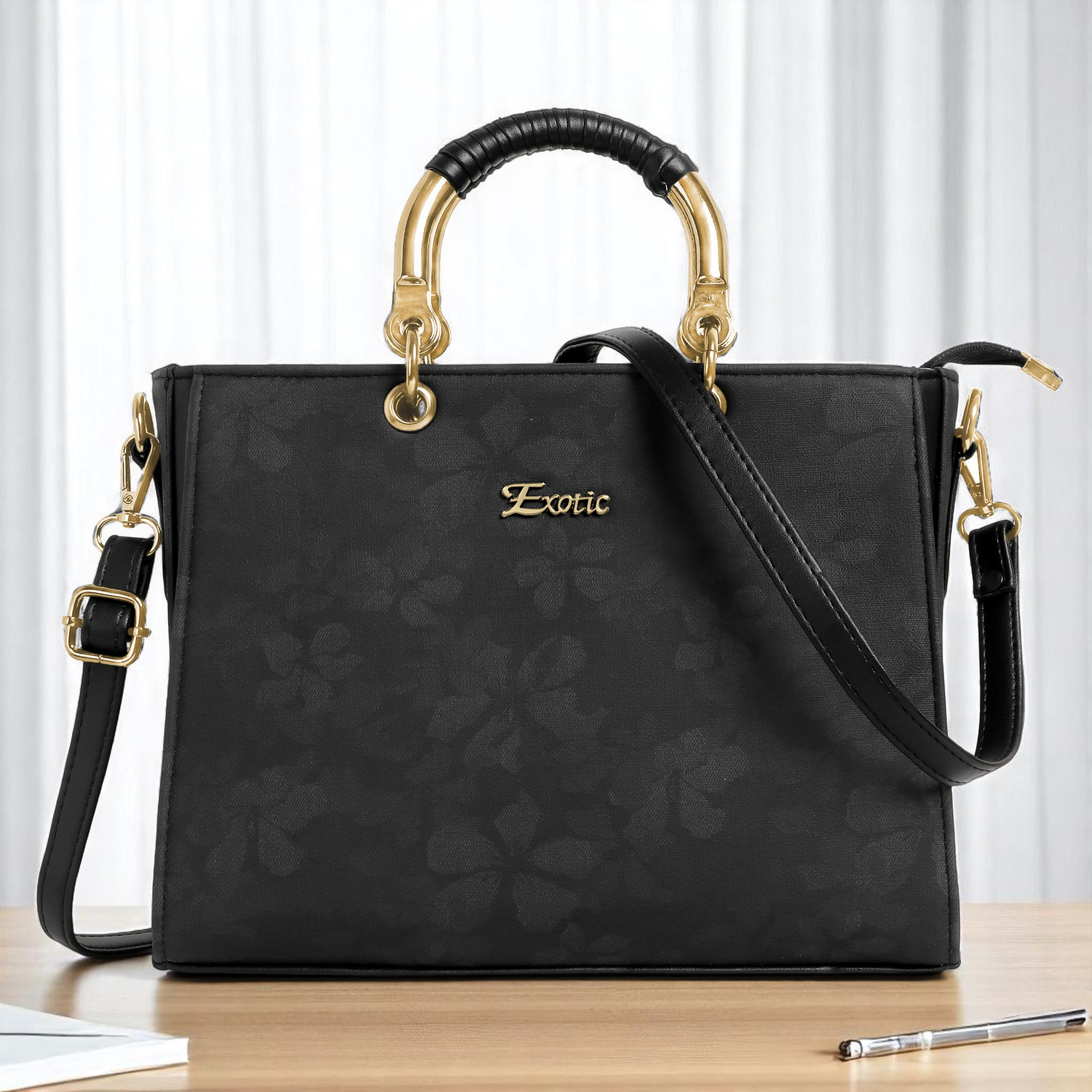Image of Exotic Premium Black Tote Beautiful Floral Embossed Signature Handbag