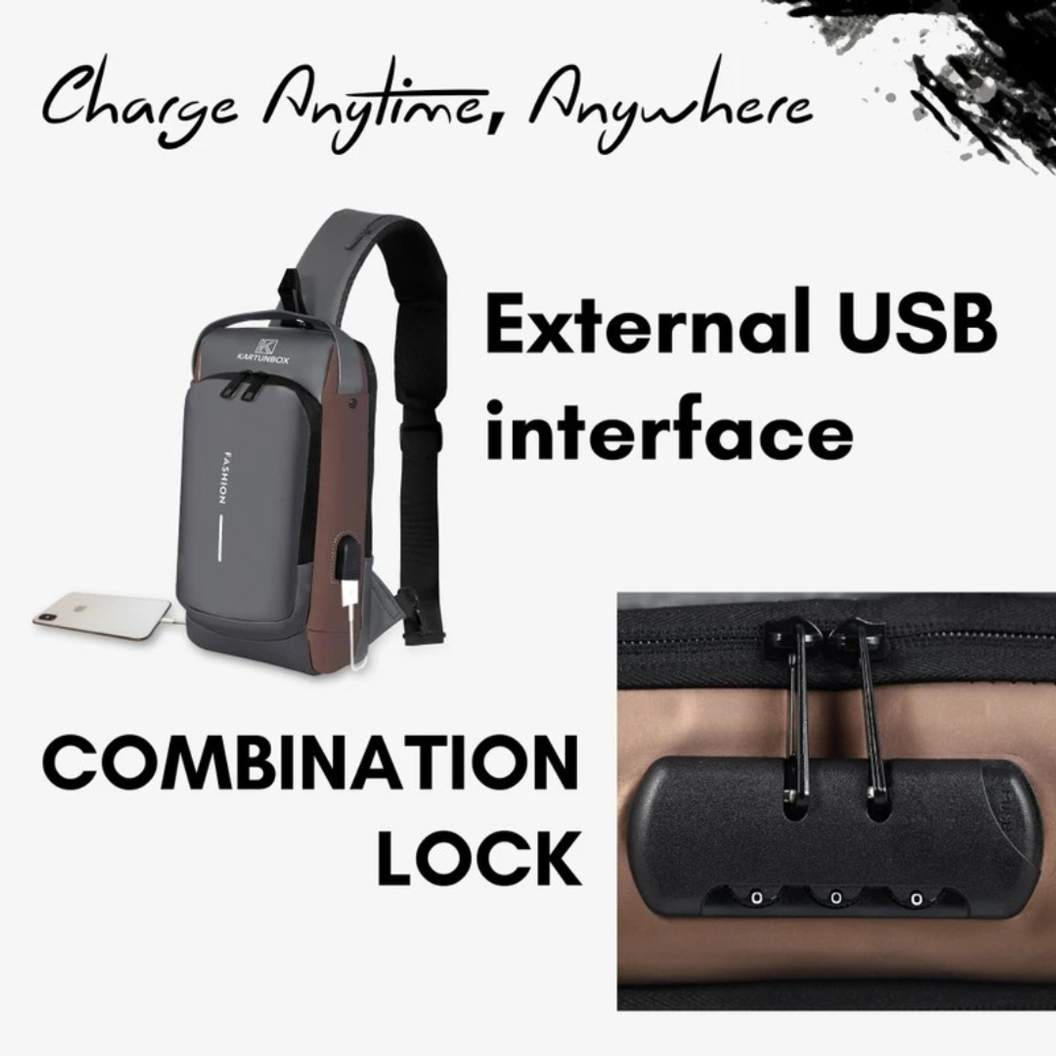 Image of WROGN Brown, Black Sling Bag Anti Theft Men Side Bag
