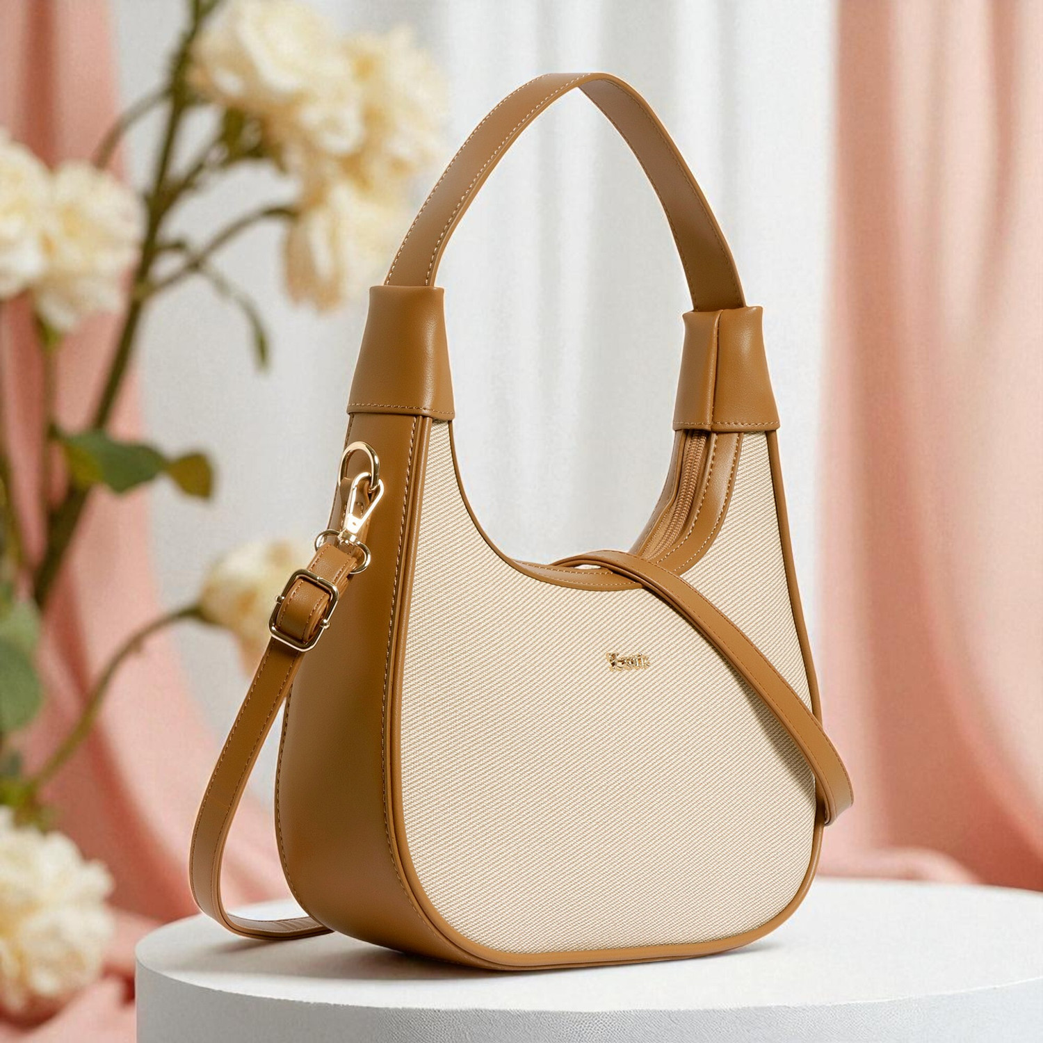 Image of Exotic Beige Shoulder Bag Urban Grace Crescent Charm Handbag - Luna Collection