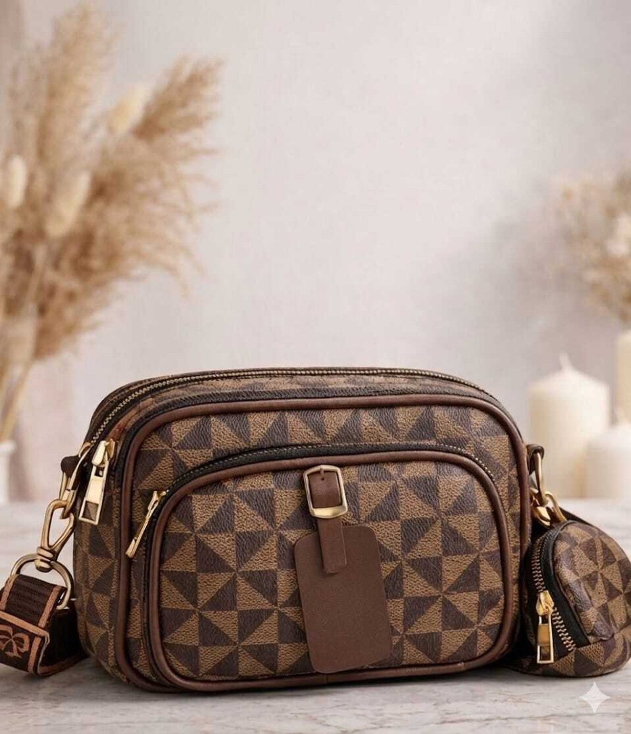 Image of Velmira Brown Sling Bag - Stylish Geometric Print Sling Bag for Women