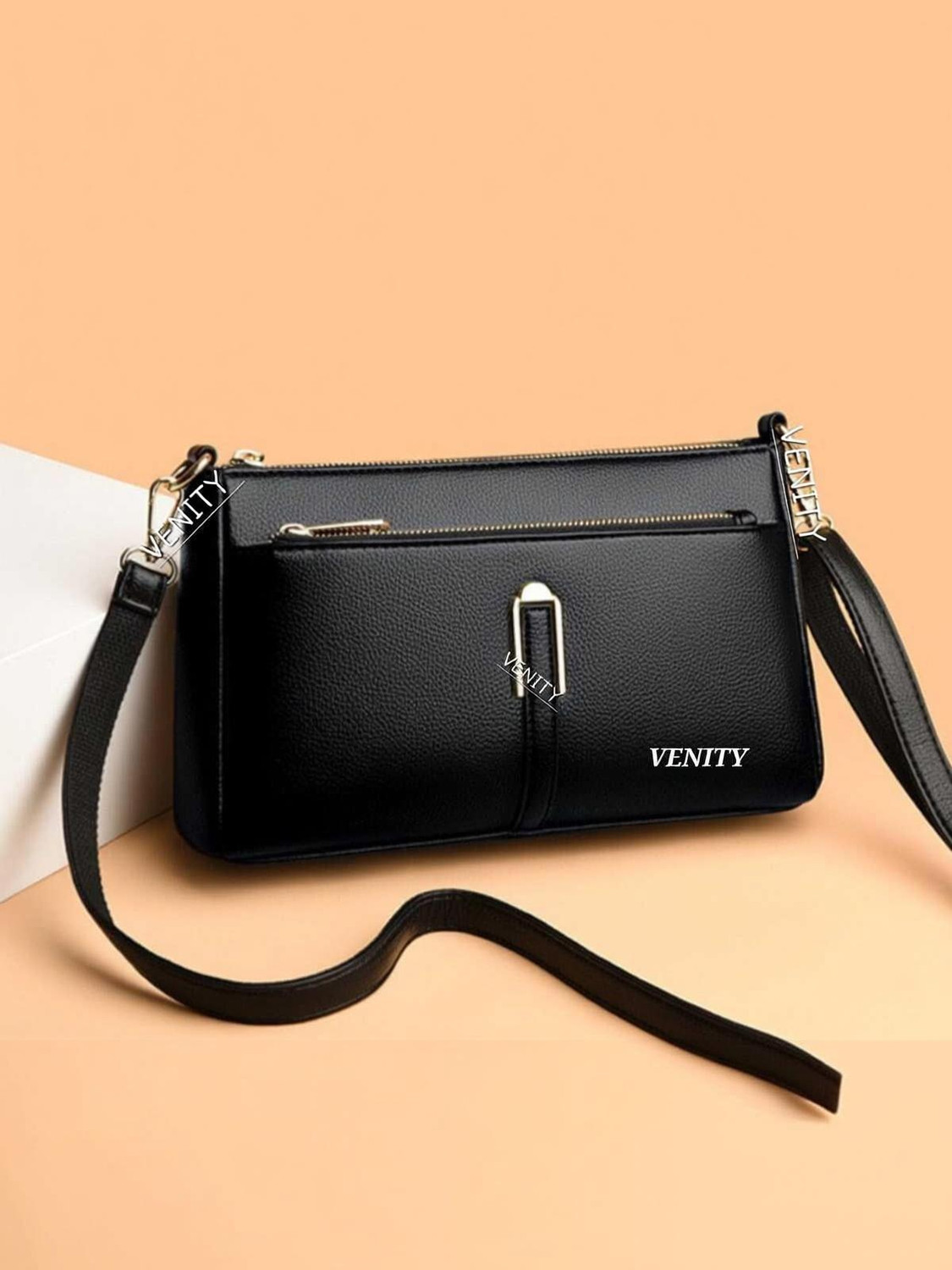 Image of De Meow Black Sling Bag Crossbody Bag with Gold Hardware & Contrast Strap | Stylish Daily Use Handbag