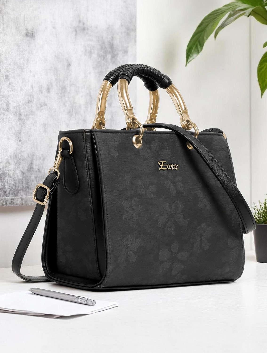 Image of Exotic Premium Black Tote Beautiful Floral Embossed Signature Handbag