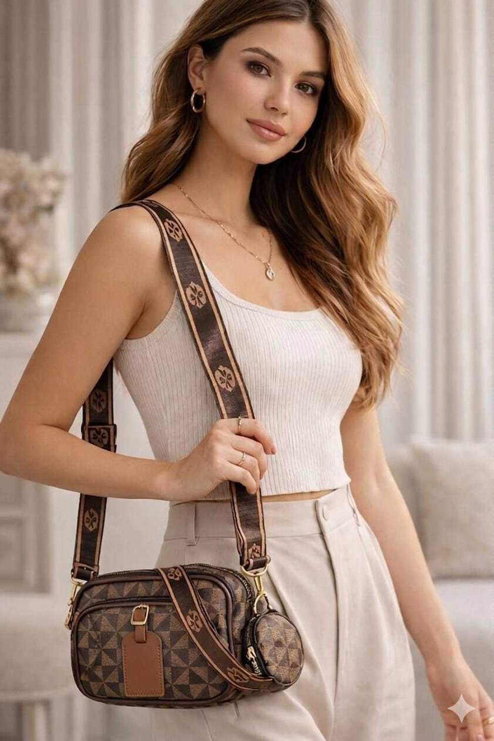 Image of Velmira Brown Sling Bag - Stylish Geometric Print Sling Bag for Women