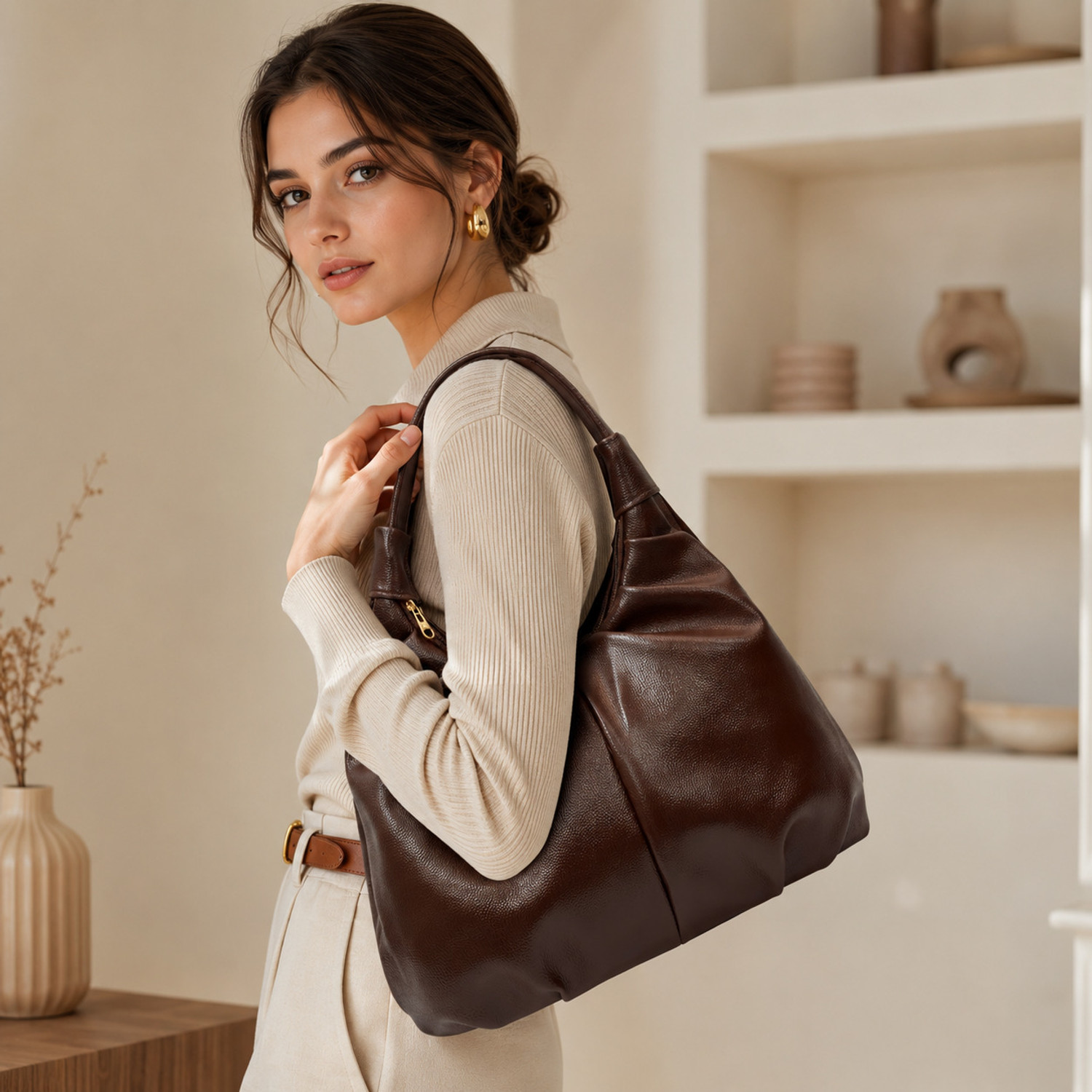 Image of LIORR Brown Hobo | PU Leather Pleated Shoulder Bag for Women | Stylish Casual Handbag
