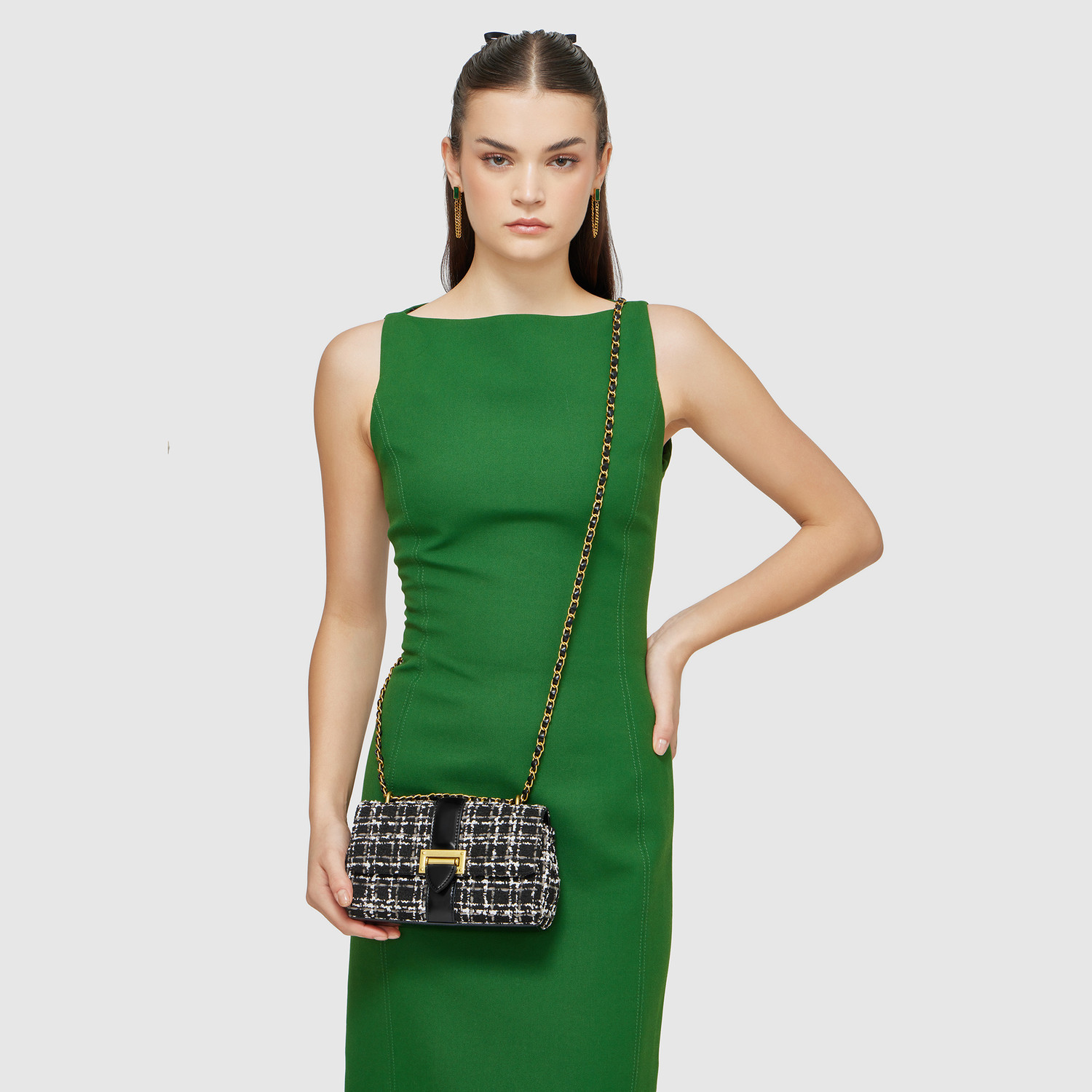 Image of Miraggio Black Sling Bag Tweed Crossbody Bag with Adjustable Crossbody Strap