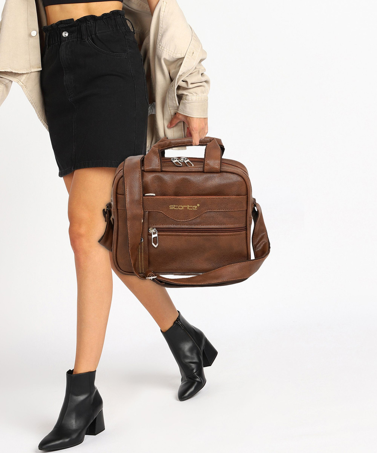 Image of STORITE Brown Sling Bag Stylish Small PU Leather Sling Cross Body Travel Office One Side Shoulder Bag