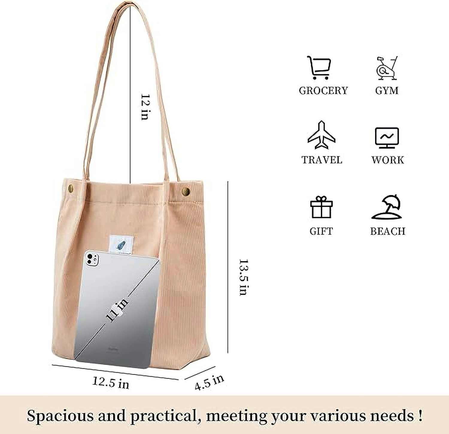 Image of LYROVO Beige Tote Women Corduroy Shoulder Tote Bag for Work Beach Travel and Shopping Grocery