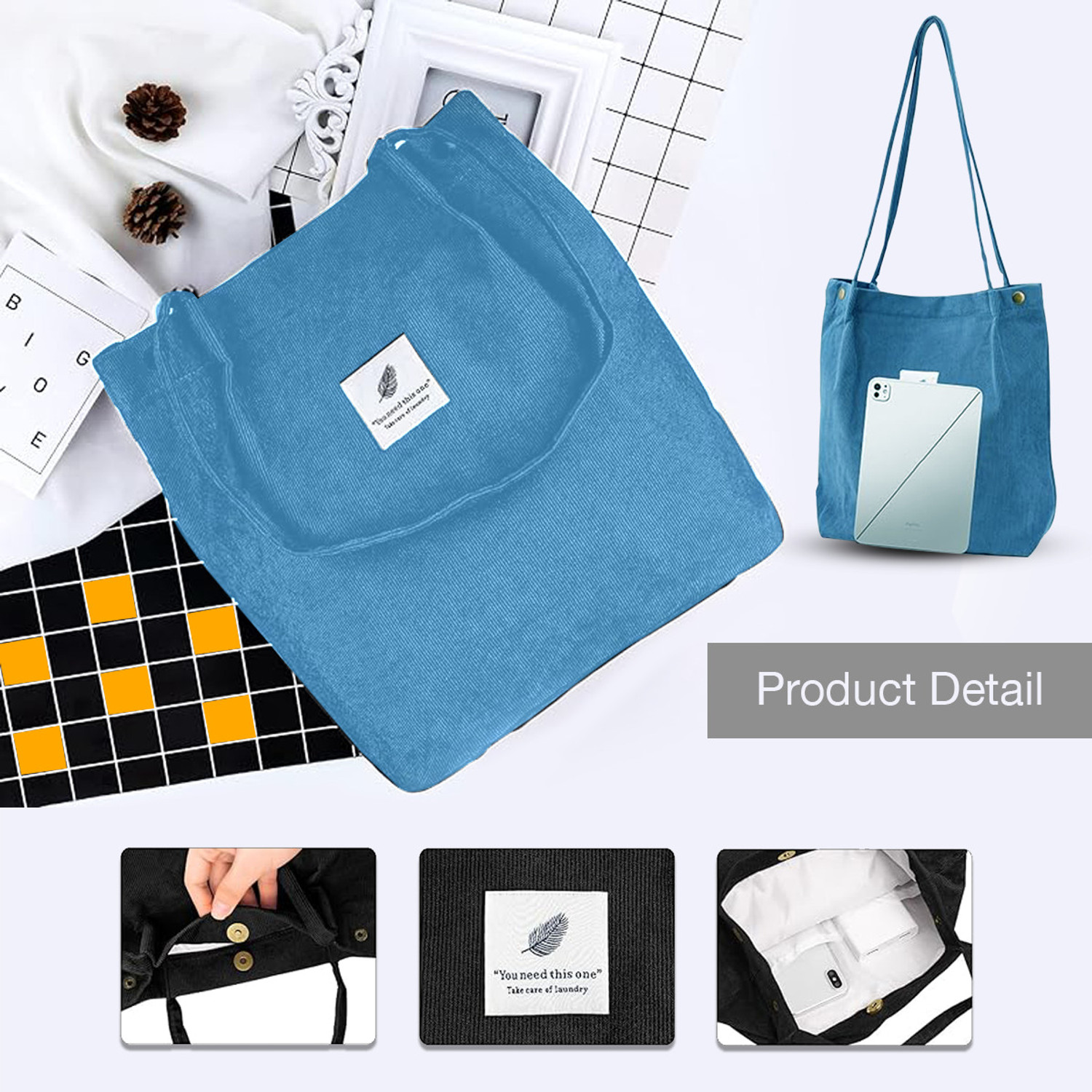 Image of LYROVO Blue Tote Women Corduroy Shoulder Tote Bag for Women