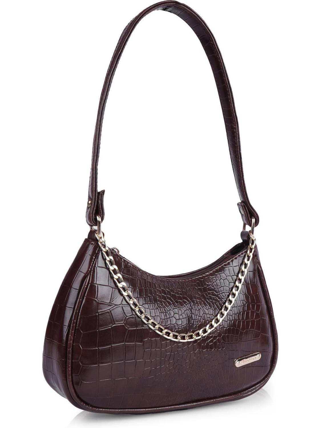 Beauty Queen Brown Shoulder Bag Stylish Croc-Texture Shoulder Bag with Chain Detail for Women
