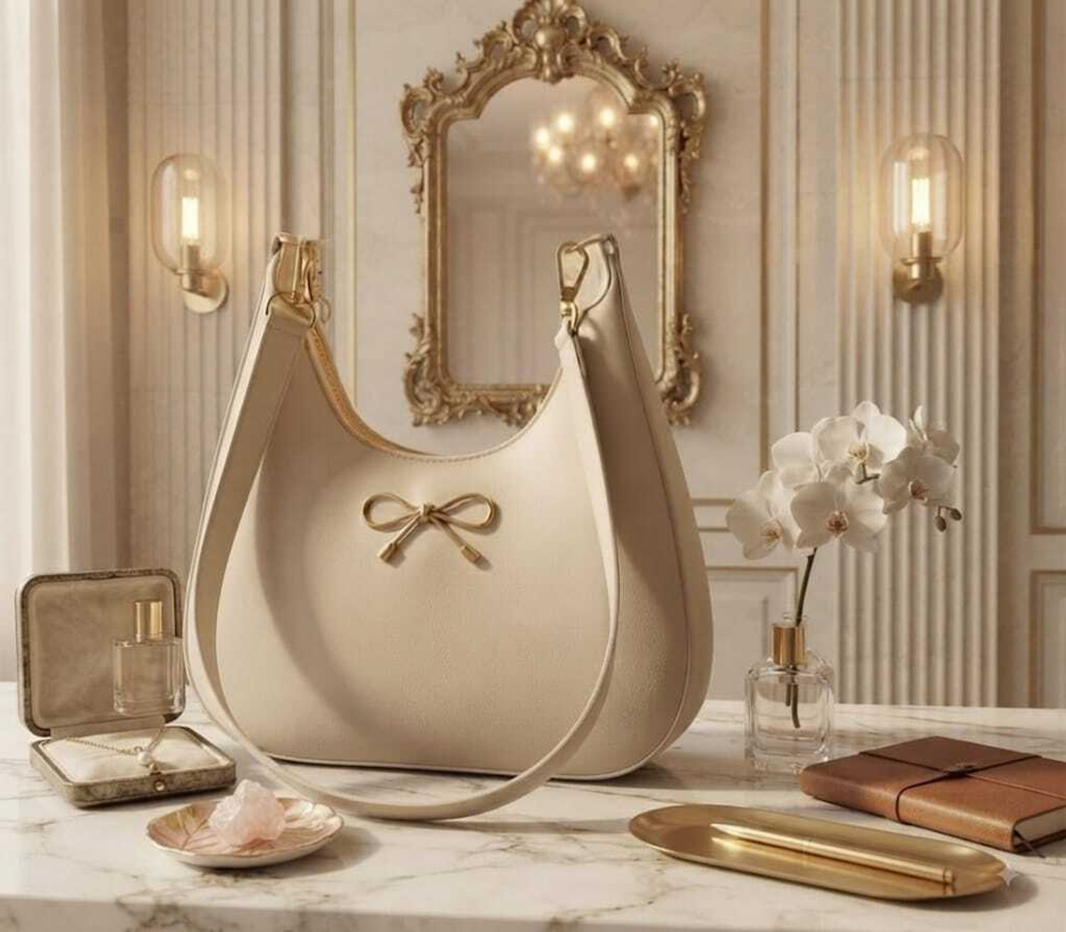 Image of Cleto Beige Shoulder Bag Aesthetic Golden Bow Off-White Hobo Shoulder Bag