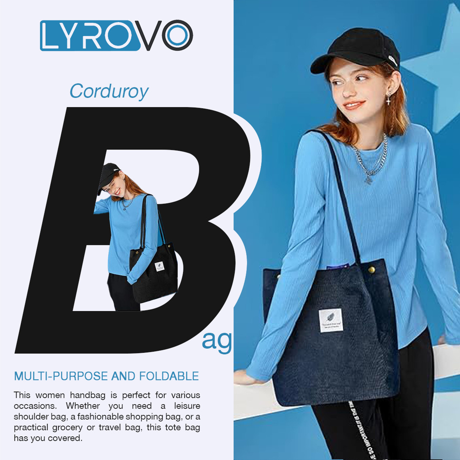 Image of LYROVO Blue Tote Women Corduroy Shoulder Tote Bag for Women