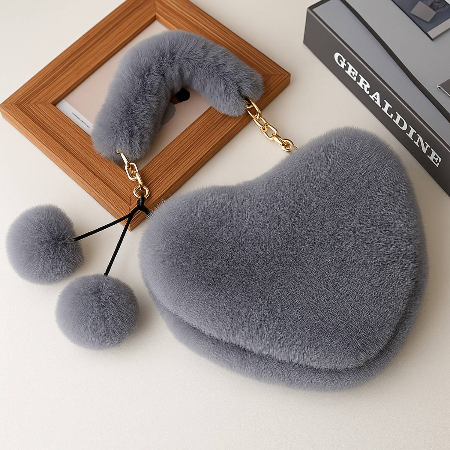 Beauty Queen Grey Sling Bag Trendy Heart-Shaped Faux Fur Sling Bag with Gold Chain Strap