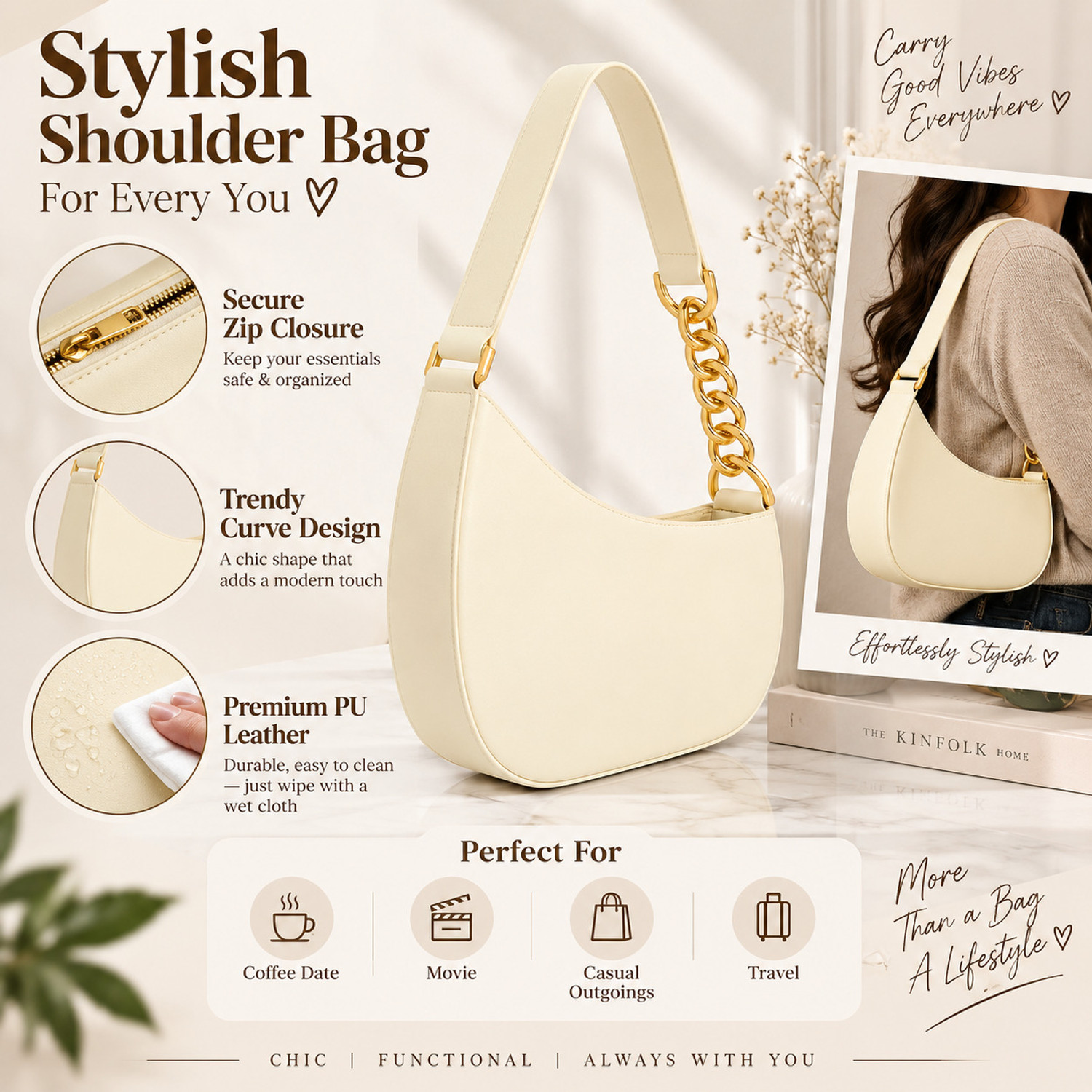 Image of s.p. pearls White Shoulder Bag Chic PU Leather Shoulder Bag.