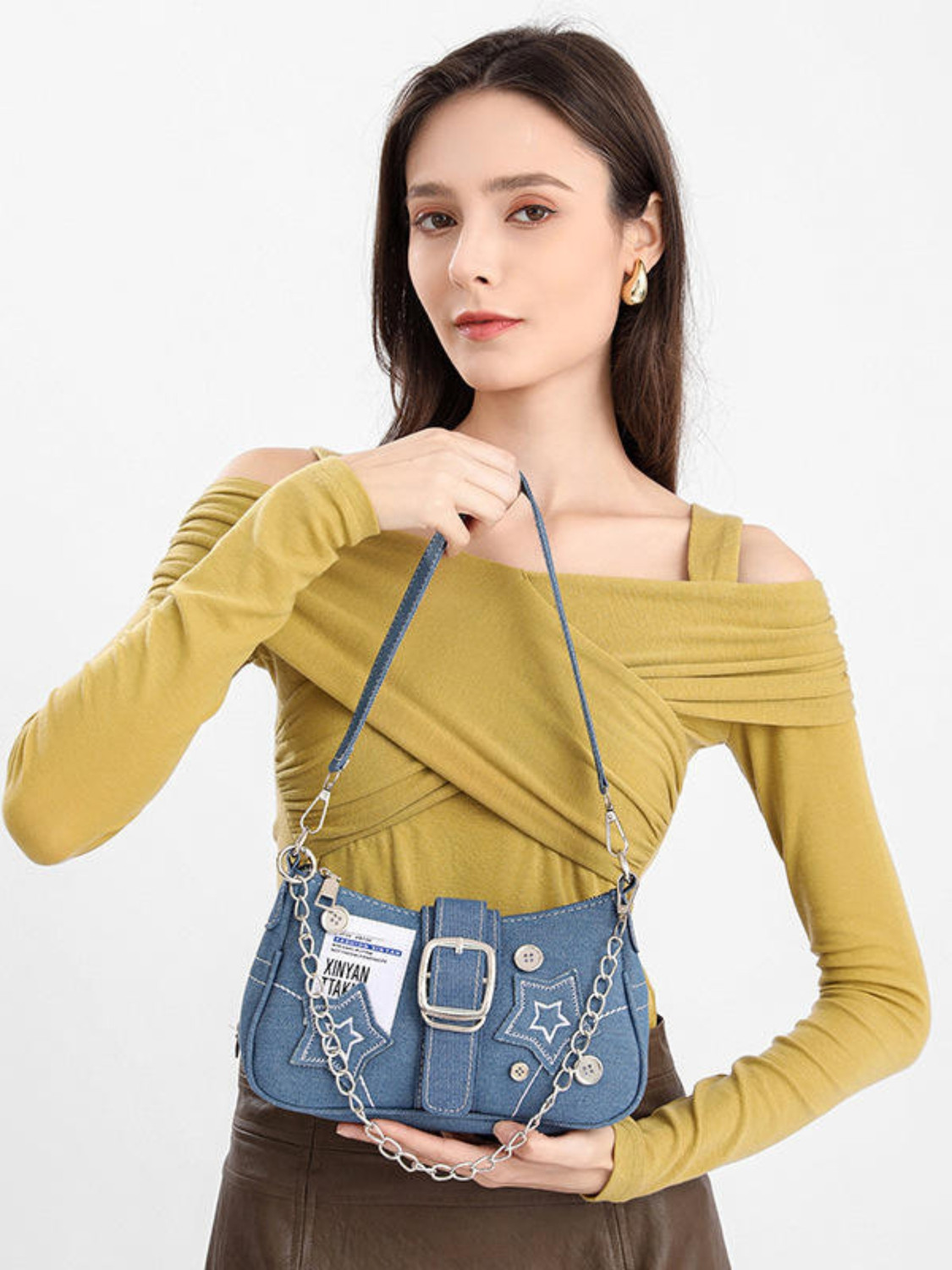 Image of Demerra Blue Shoulder Bag Trendy Y2K Black Shoulder Bag for Women | Star Patchwork Small Hobo Handbag