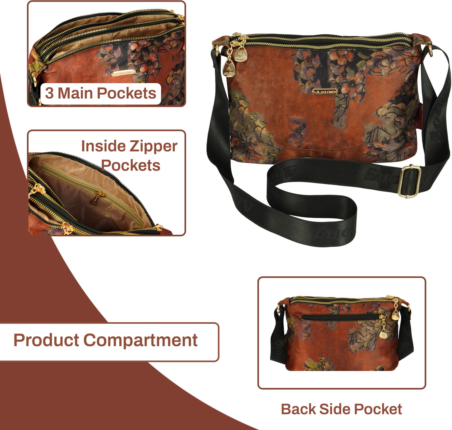 Image of STORITE Brown Sling Bag Crossbody Bag with Multi-Compartment With Adjustable Shoulder Strap