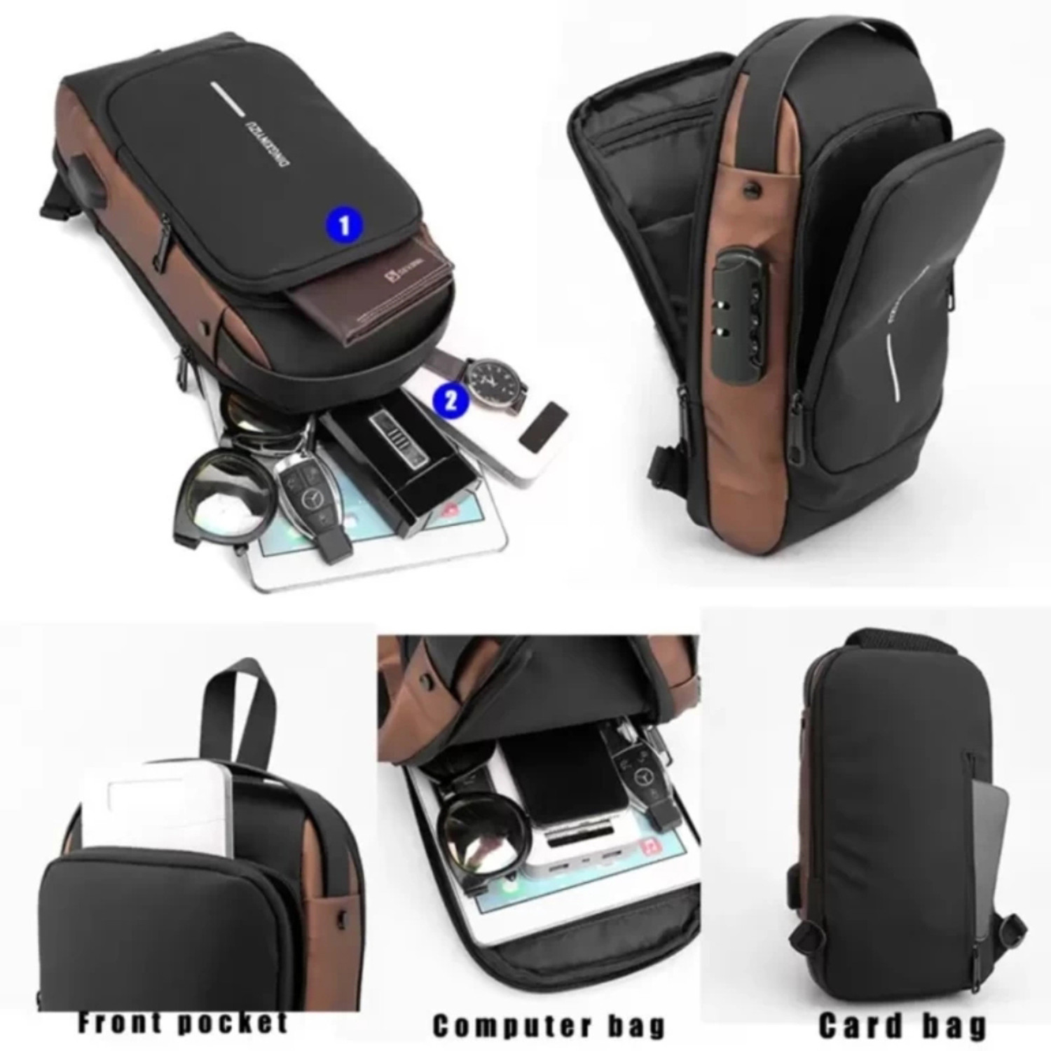 Image of WROGN Brown, Black Sling Bag Anti Theft Men Side Bag
