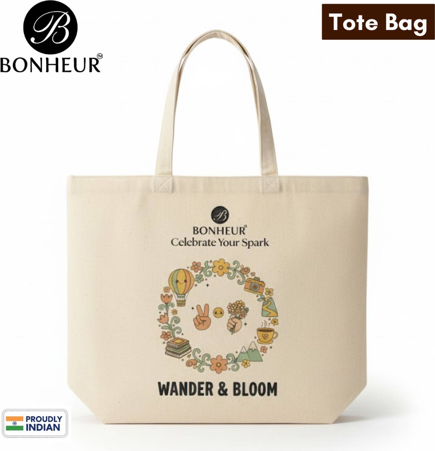 Bonheur Beige Tote Pure Cotton Wander & Bloom Canvas 280 GSM Tote Bag, Reusable Eco-Friendly