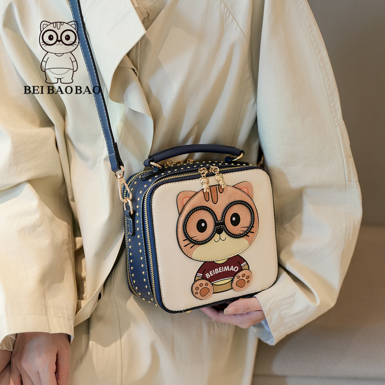 Defenox Blue Sling Bag Cute Cartoon Bear Print Box Sling Bag