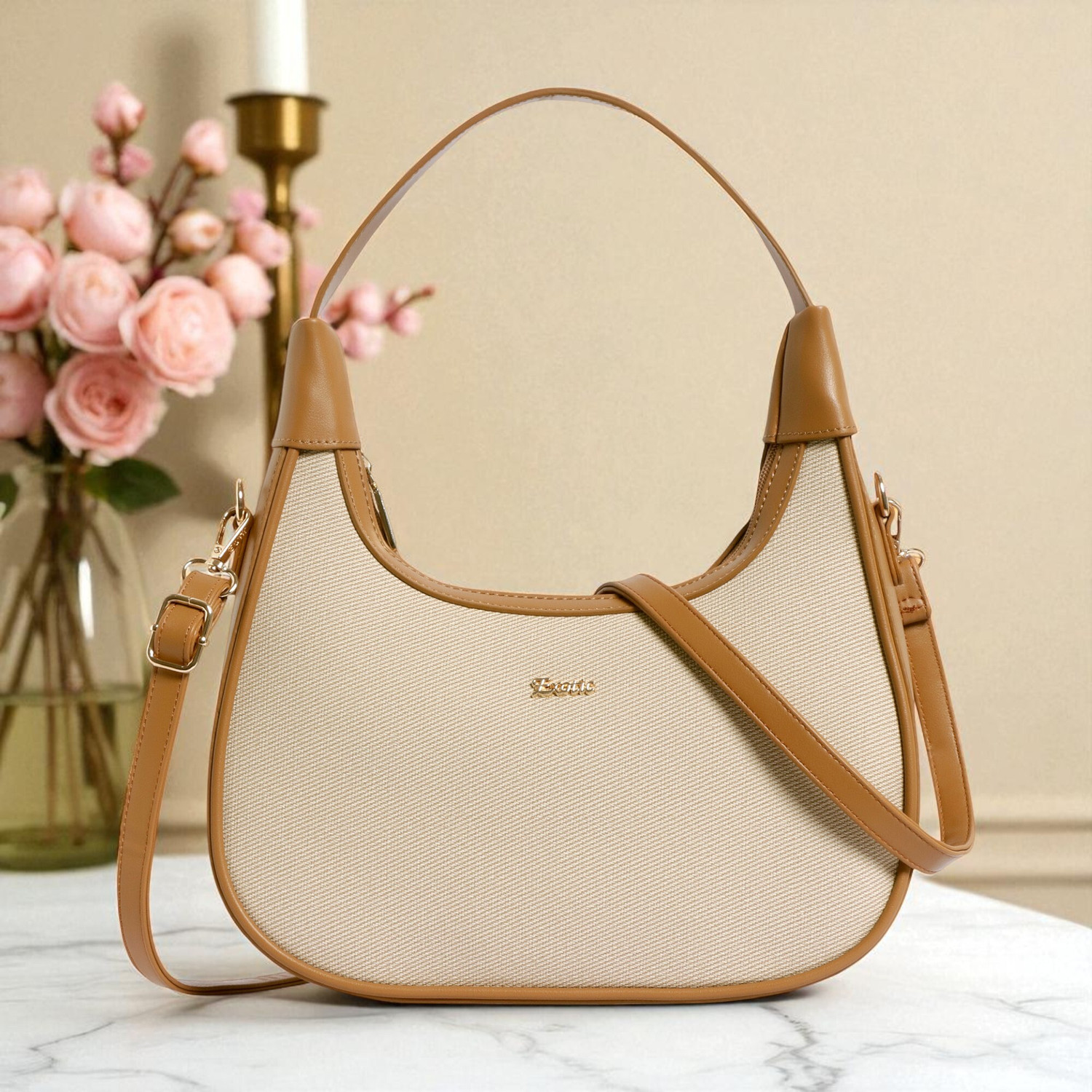 Image of Exotic Beige Shoulder Bag Urban Grace Crescent Charm Handbag - Luna Collection