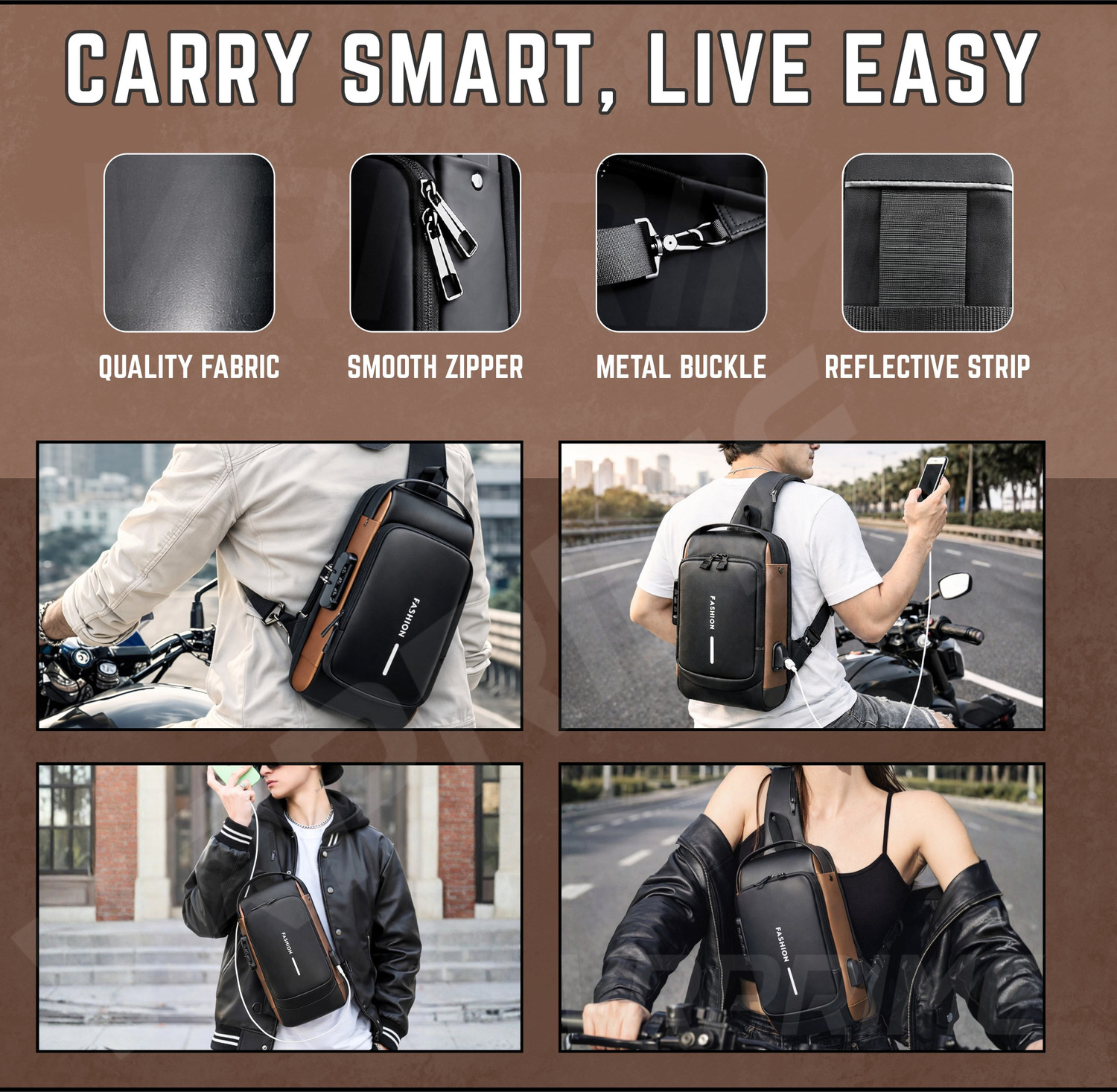 Image of VRPRIME Black Sling Bag Waterproof Anti-Theft Design with USB Charging for Travel, Office & Daily Use