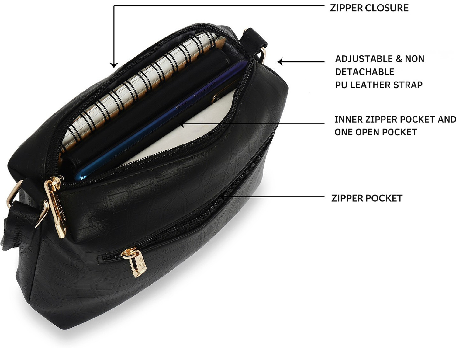 Image of Dressberry Black Women Sling Bag Stylish Anna Sling Bag Adjustable Strap Crossbody Side Bag For Girls