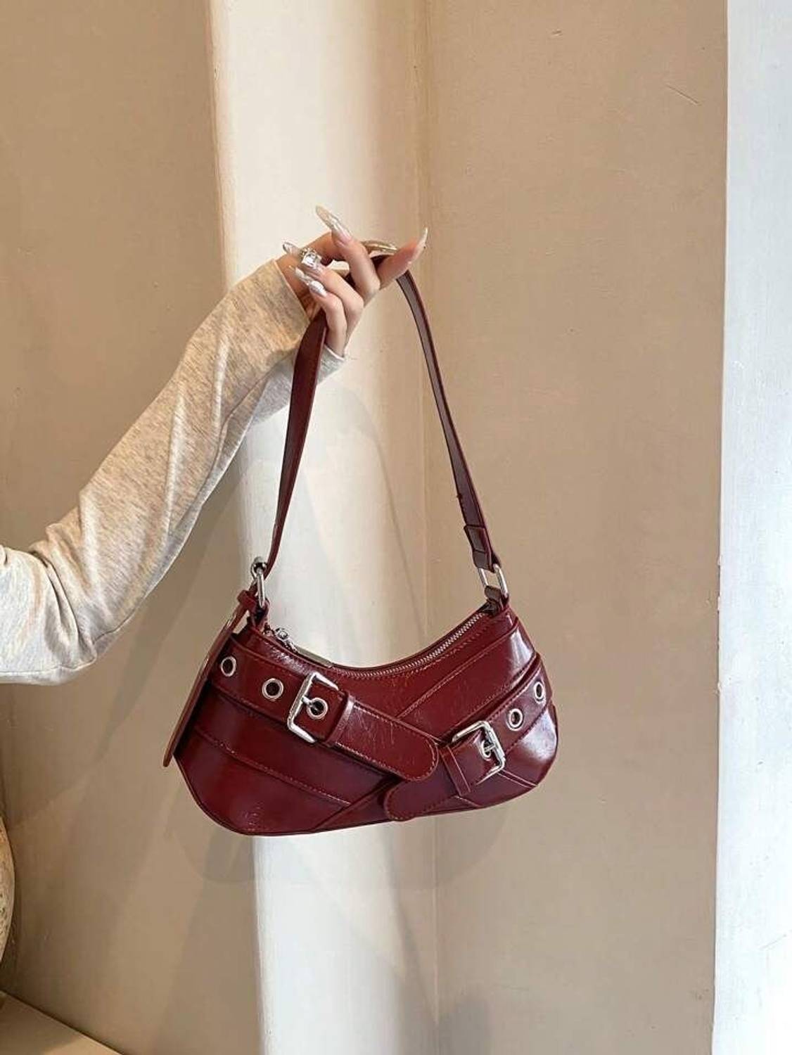 Hersaga Maroon Shoulder Bag Trendy Faux Leather Y2K bag with Adjustable Strap & Buckle Detail
