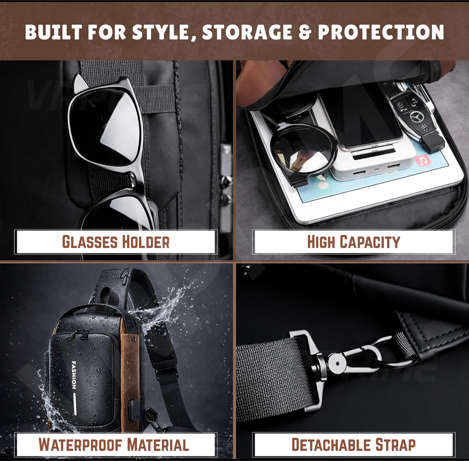 Image of VRPRIME Black Sling Bag Waterproof Anti-Theft Design with USB Charging for Travel, Office & Daily Use