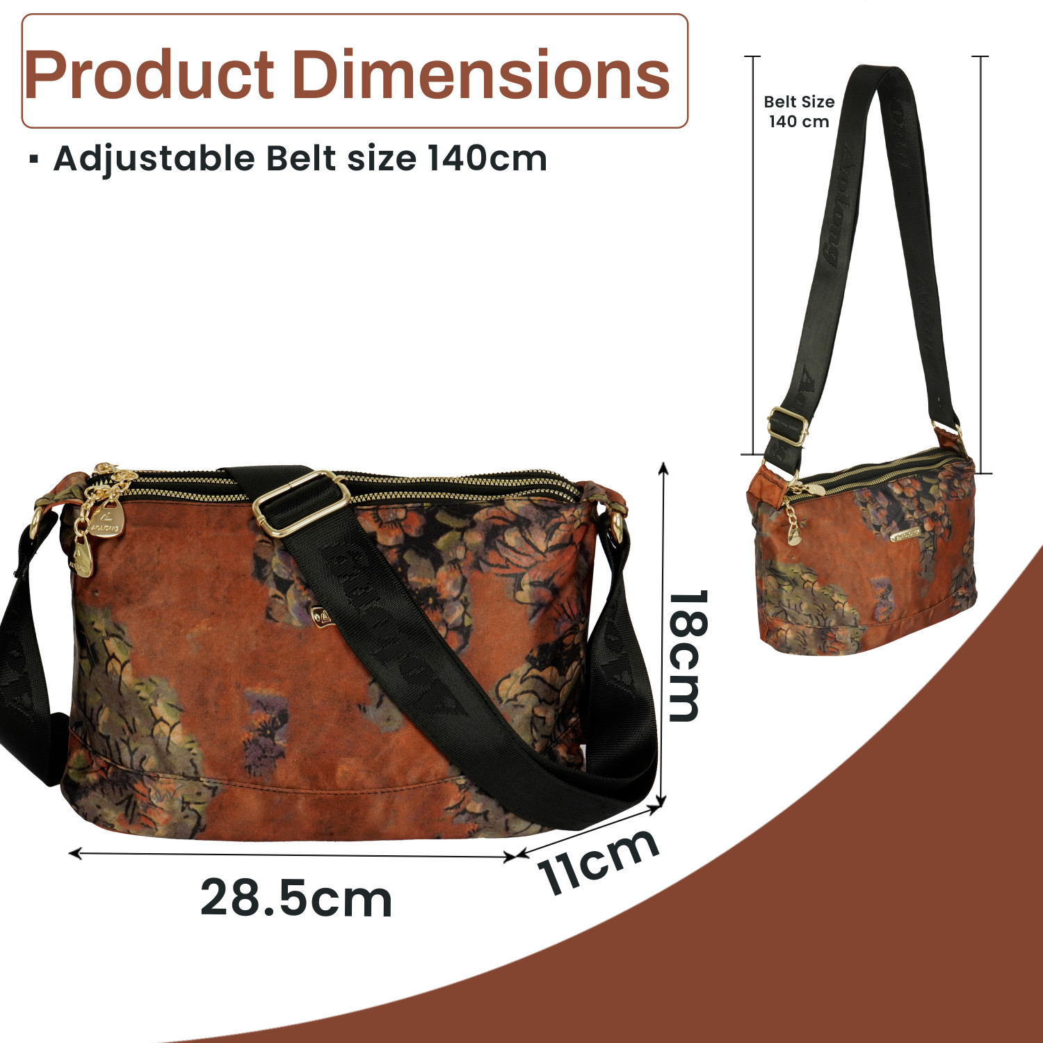 Image of STORITE Brown Sling Bag Crossbody Bag with Multi-Compartment With Adjustable Shoulder Strap