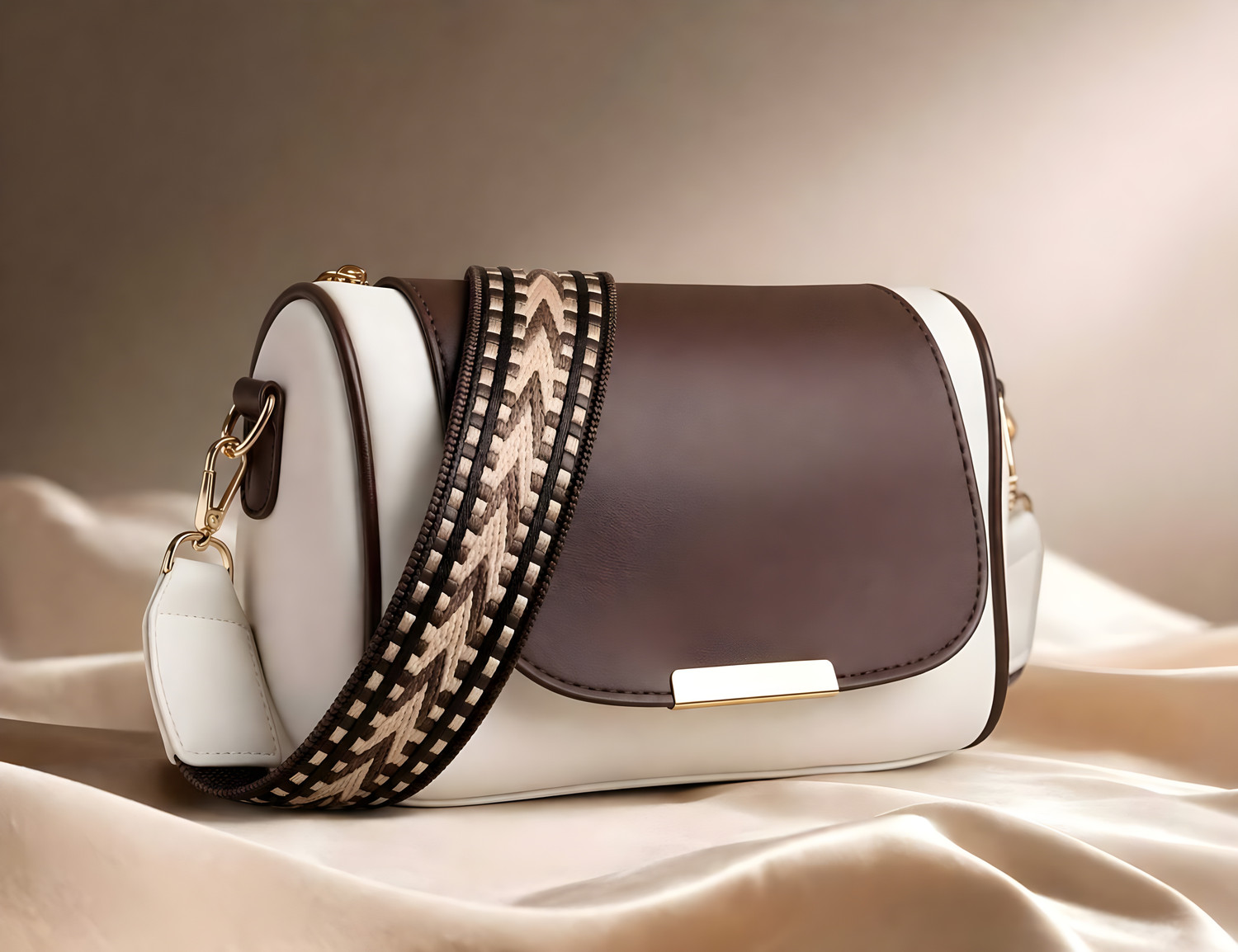 Image of Sugraatelier Brown, White Sling Bag White & Brown Sling Bag For Women