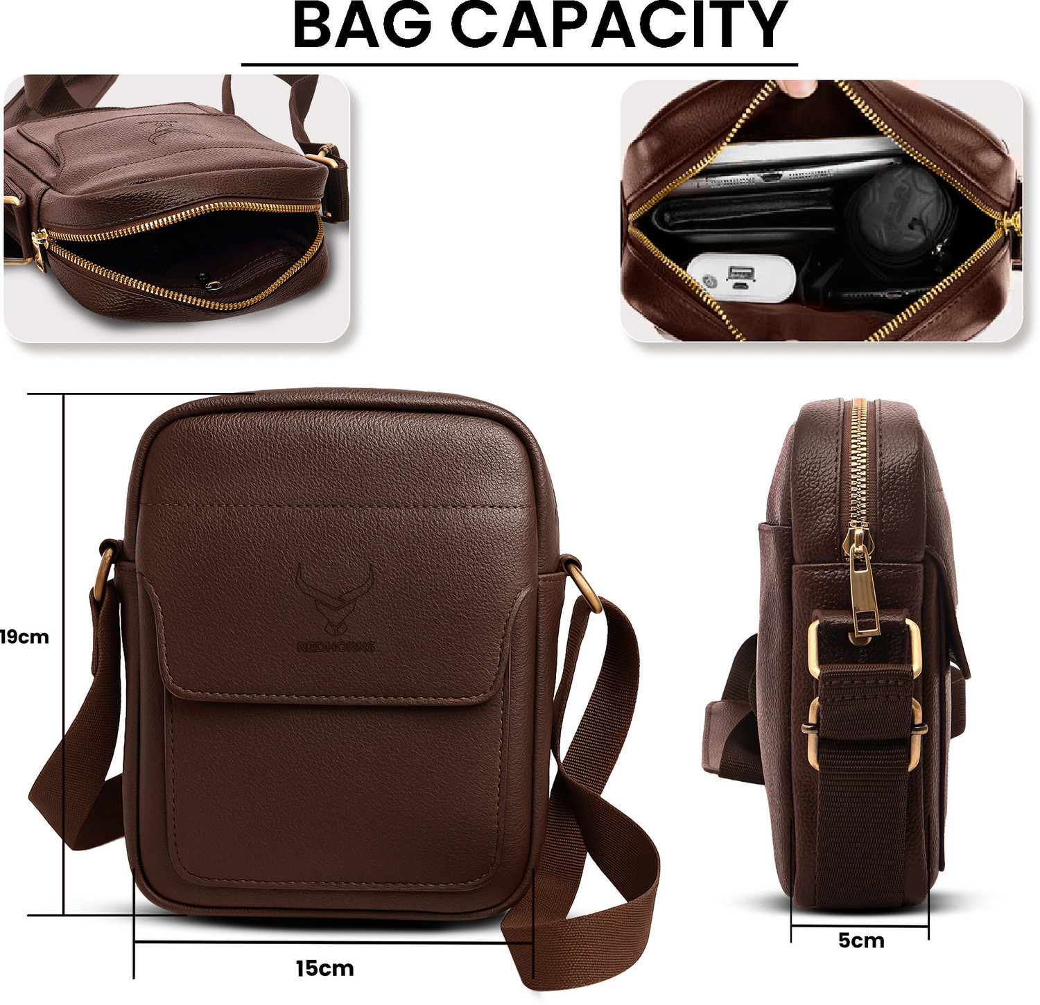 Image of REDHORNS Brown Sling Bag Faux Leather Crossbody Sling Bag