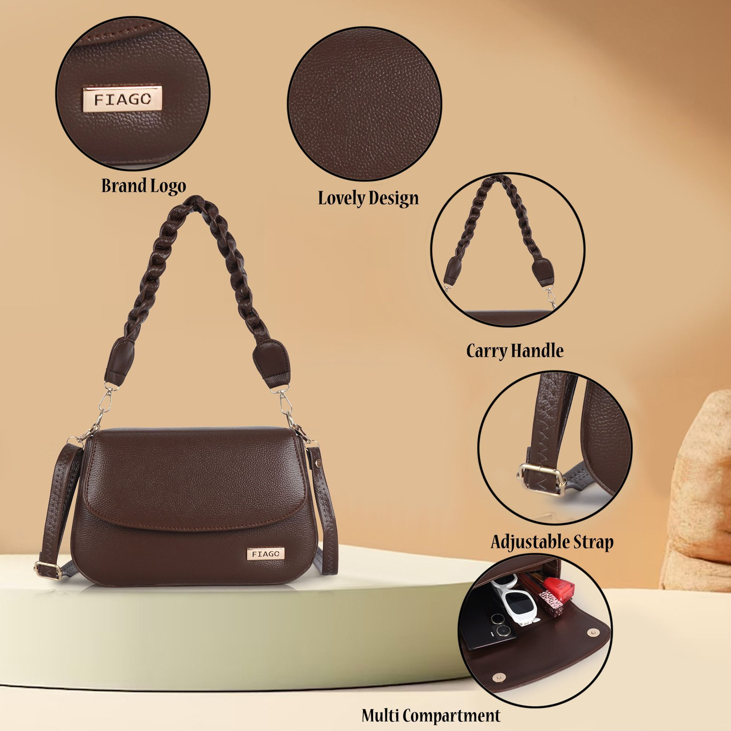 Image of FIAGO Brown Sling Bag Classic Women's - Lightweight, Stylish, and Spacious Design