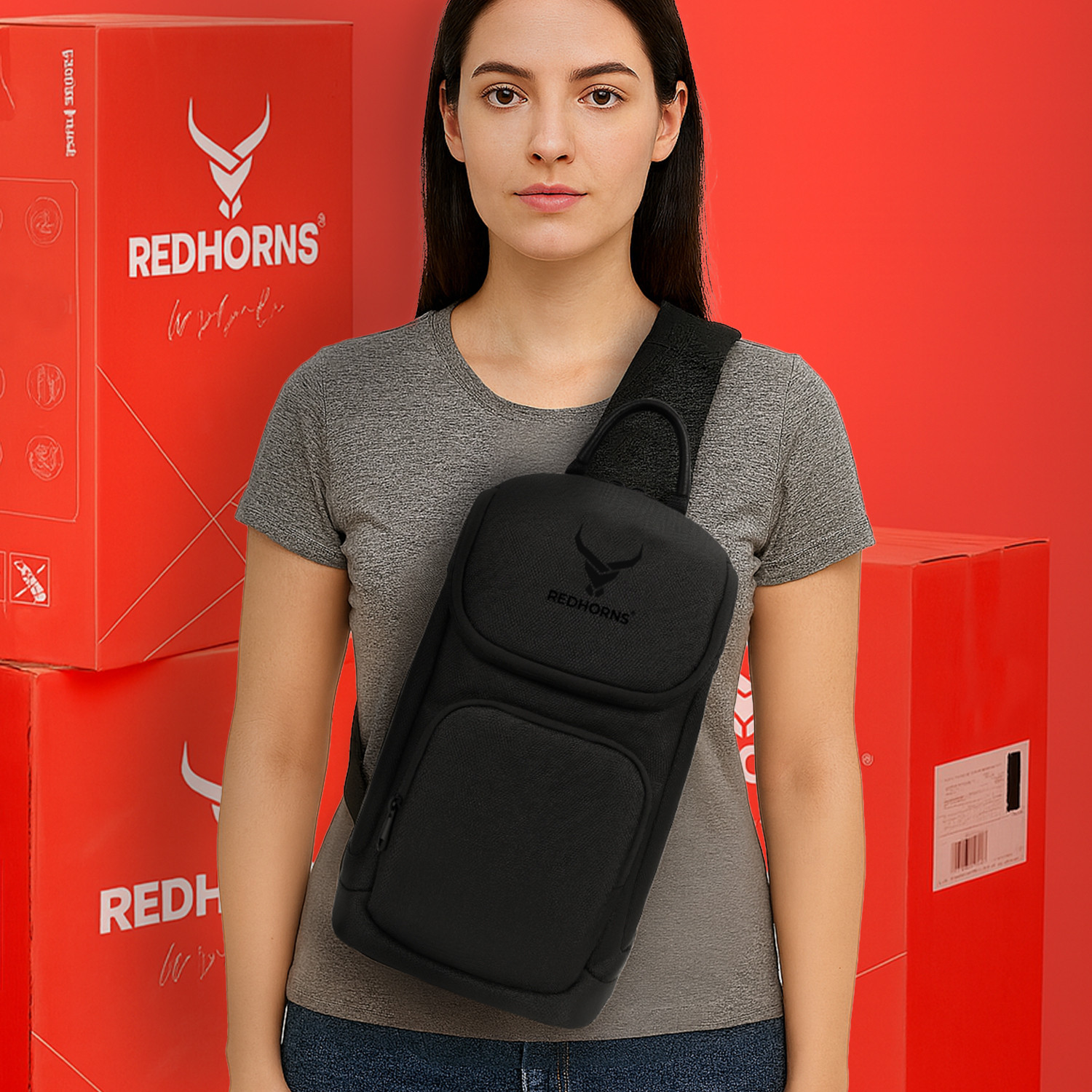 Image of REDHORNS Black Sling Bag Waterproof Cross body Bag for Unisex Travel Sling Backpack Ideal for Daily Use