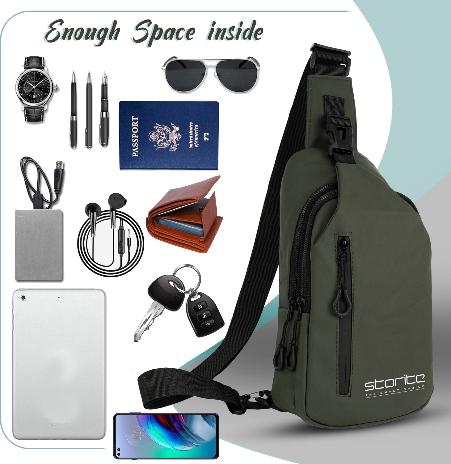 Image of STORITE Green Shoulder Bag Anti-Theft Cross Body Chest Bags With USB Charger Port