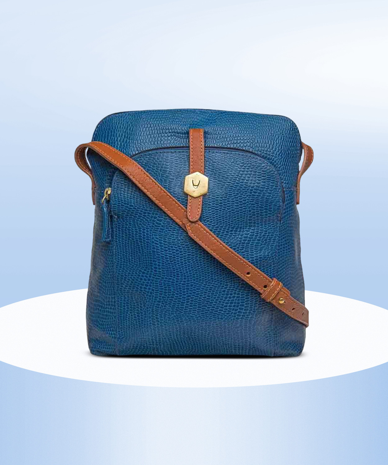 Image of HIDESIGN Blue Women Sling Bag - Extra Large EE 02-COW LIZ MEL RAN-M BLUE TAN