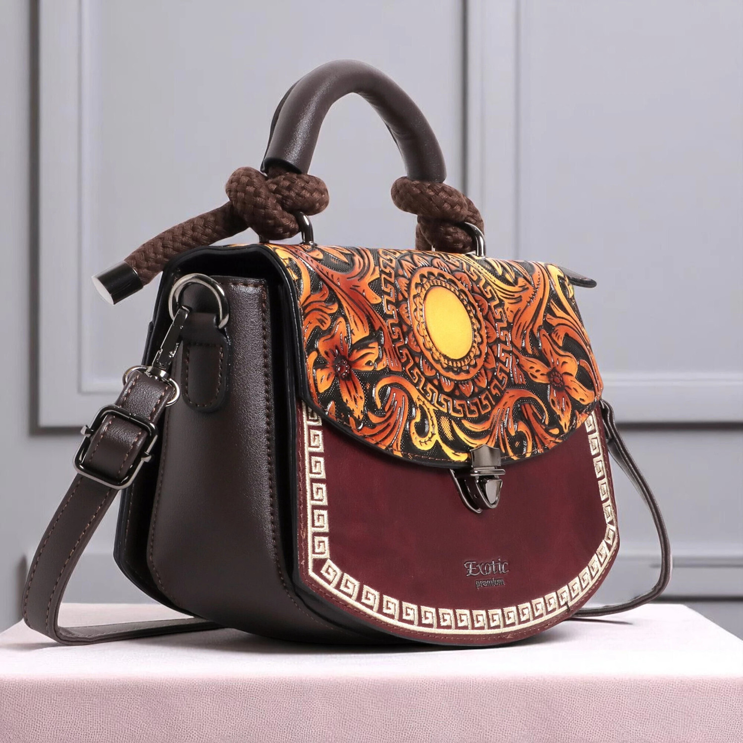 Image of Exotic Maroon Satchel Vintage Floral embossed graphics Sling Bag