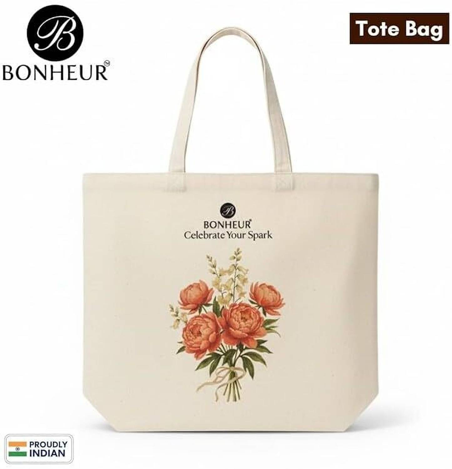 Bonheur White Tote Pure Cotton Wander & Bloom Canvas 280 GSM Tote Bag, Reusable Eco-Friendly