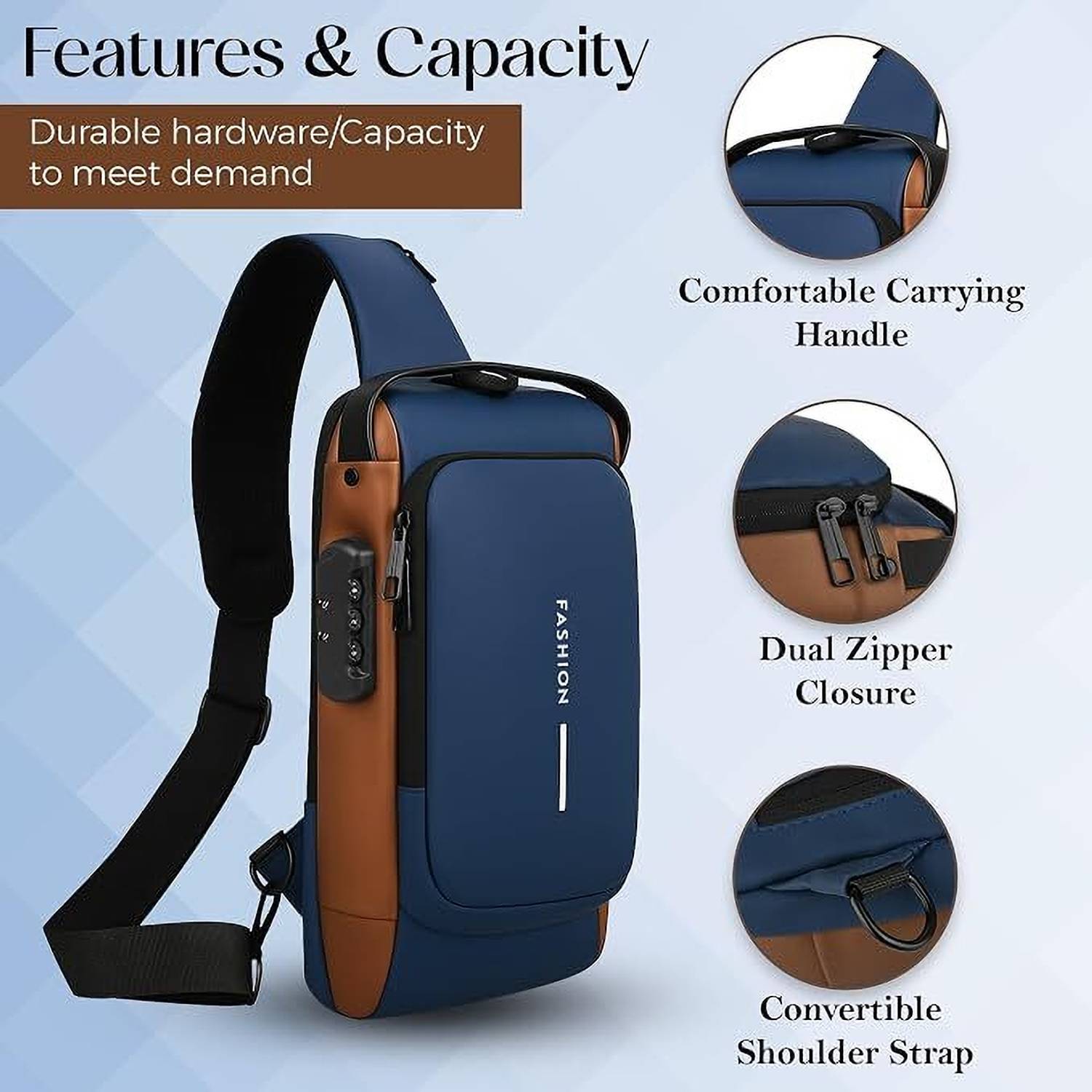 Blue Men Sling Bag Sling Bag for Men |Anti-theft Crossbody Bag USB PU Shoulder Bag - Image 2