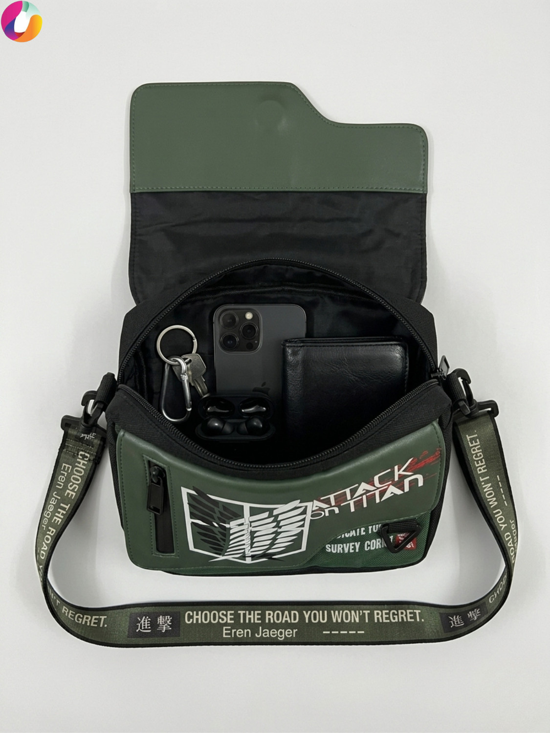 Image of RUVIDO CASO Green, Black Sling Bag Attack on Titan Anime Sling Bag Crossbody Messenger Shoulder Bag