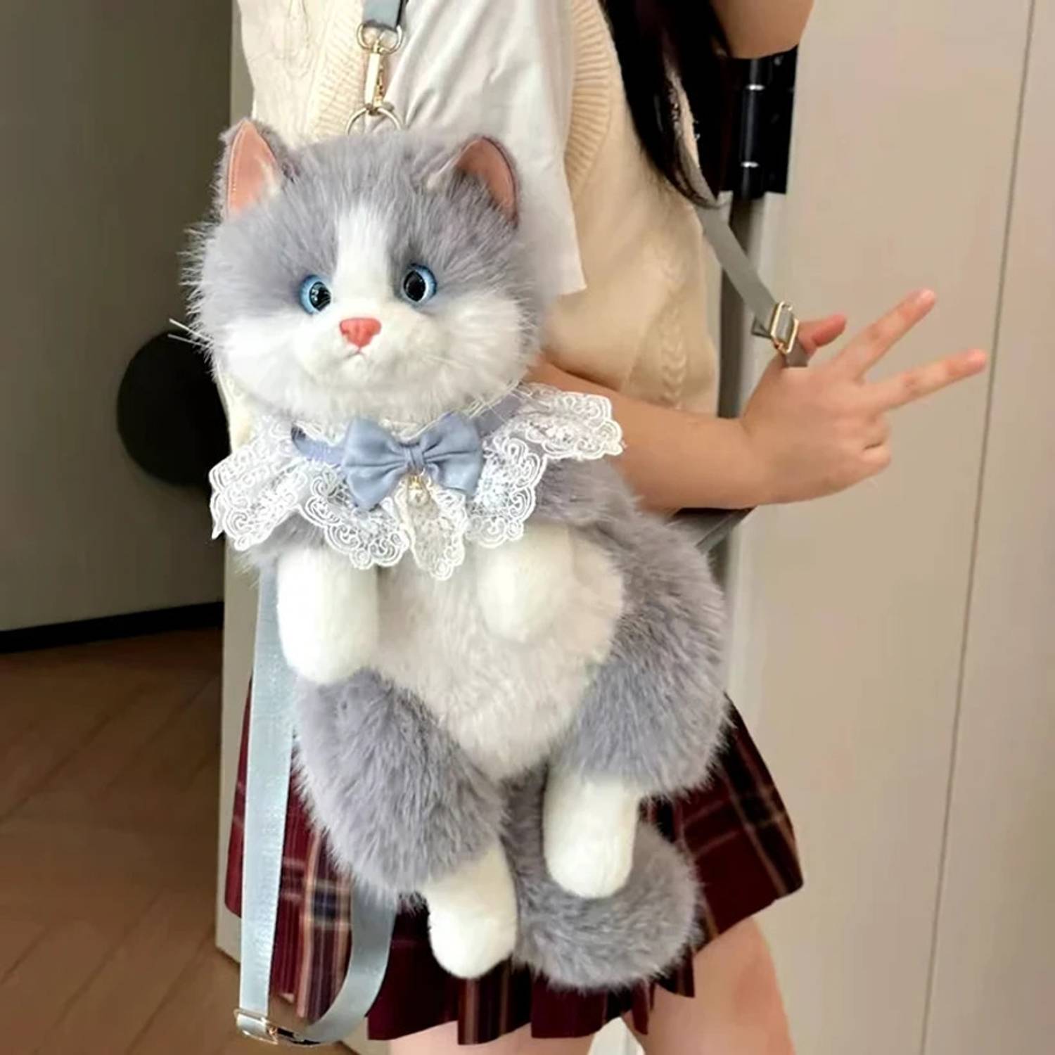 Original Mart Grey Sling Bag Realistic Stuffy Cat Bag For Women's