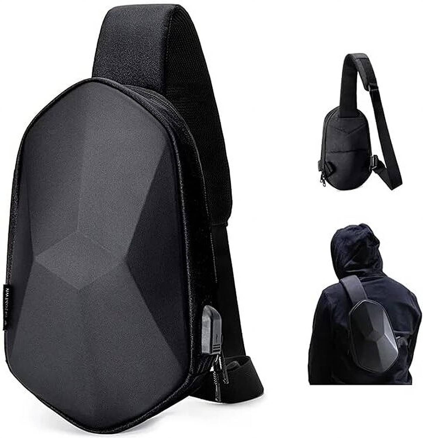 Belanto Black Shoulder Bag Anti-Theft Hard Shell Crossbody Waterproof Sling Bag with USB Charging Port