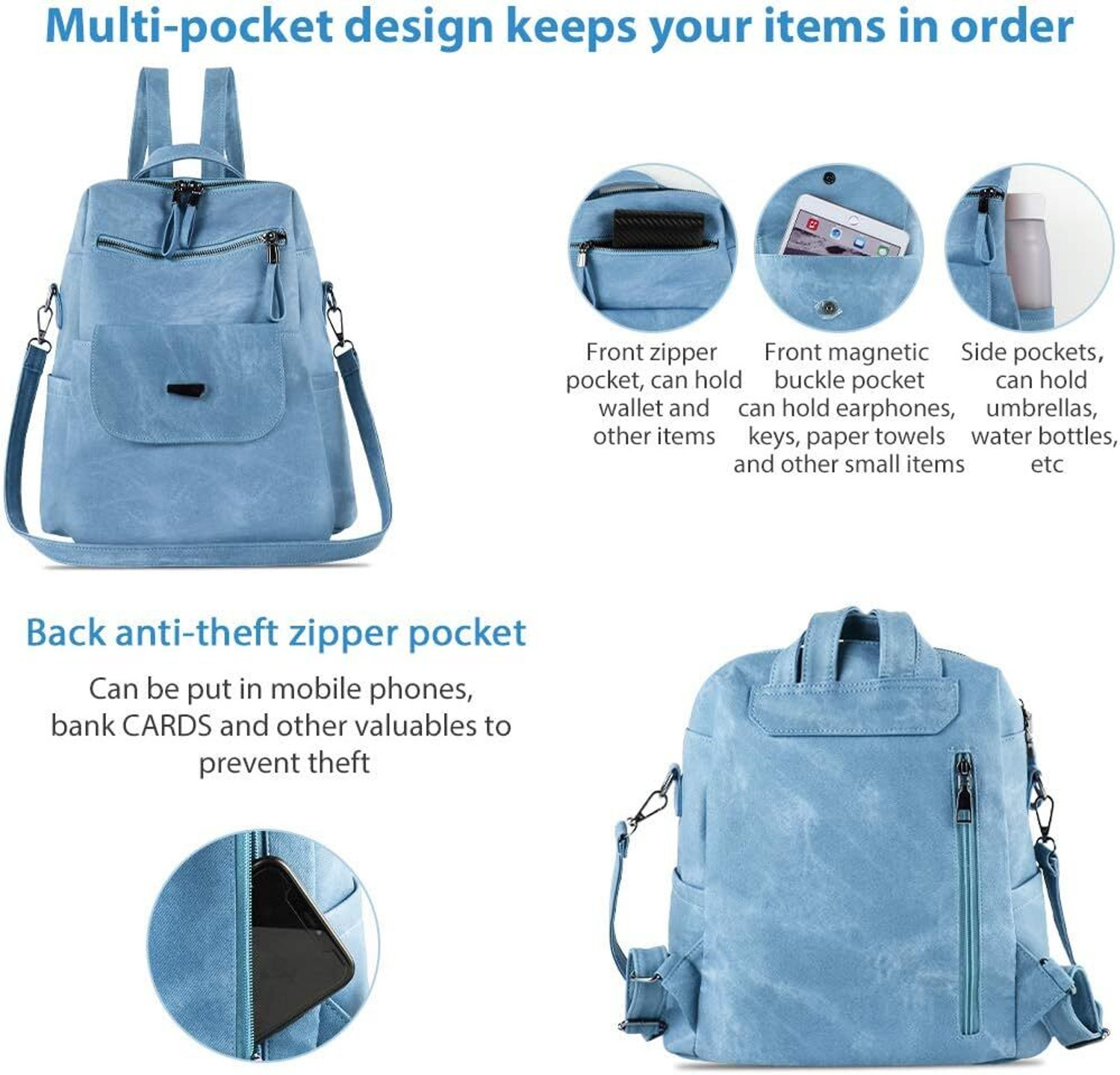 Image of Inovera Backpack for Women,Girls-Faux Leather Travel Shoulder Backpacks For Ladies(Blue) 3 L Backpack
