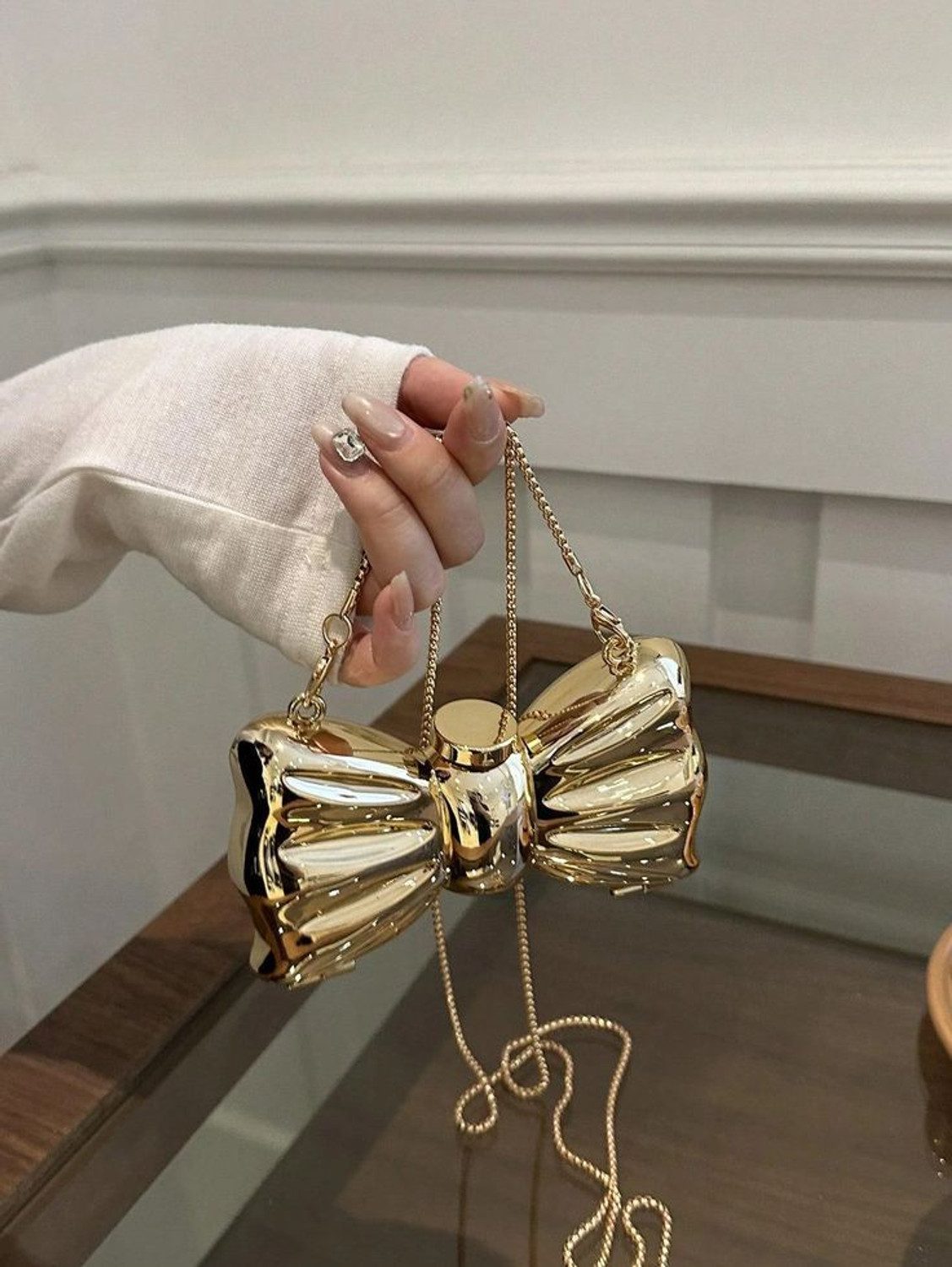 Image of THE SASSY BAE STUDIO Gold Clutch BOW SHAPED GOLD MINI CLUTCH-METALIC SLING FOR WOMEN