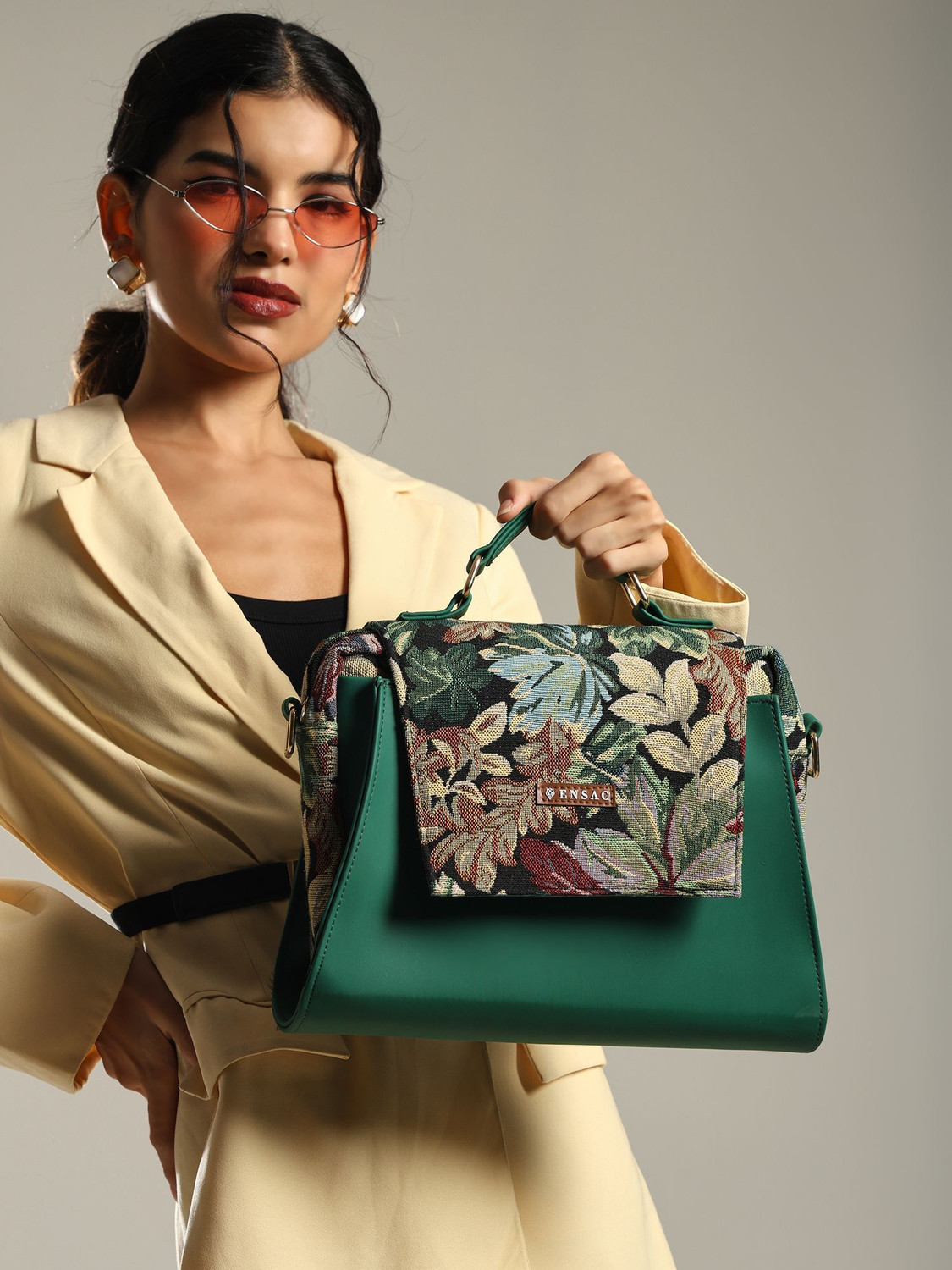 Image of ENSAC Green Sling Bag Women's Premium Cotton Jacquard / Full Sling HandBag | Ladies Purse Handbag