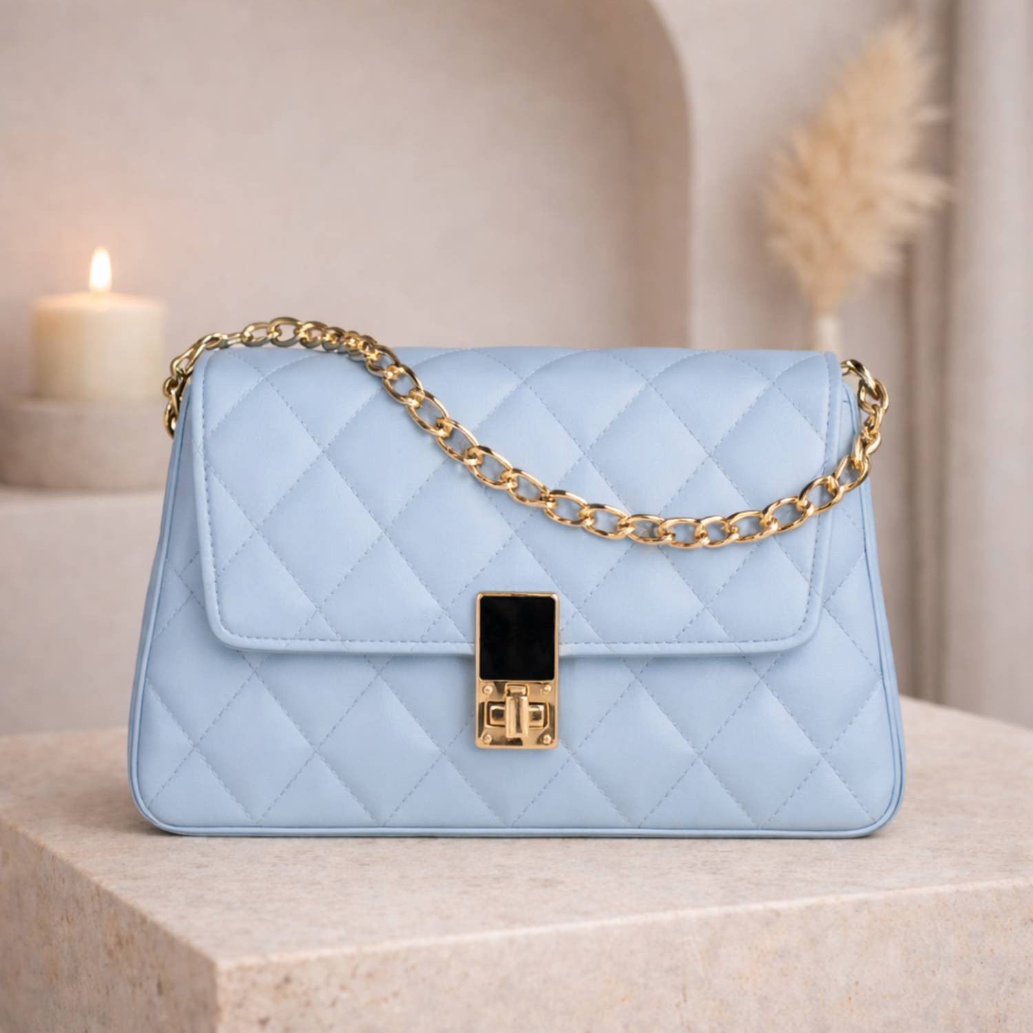 zufisha Blue Sling Bag Women Quilted Sling Bag with Gold 