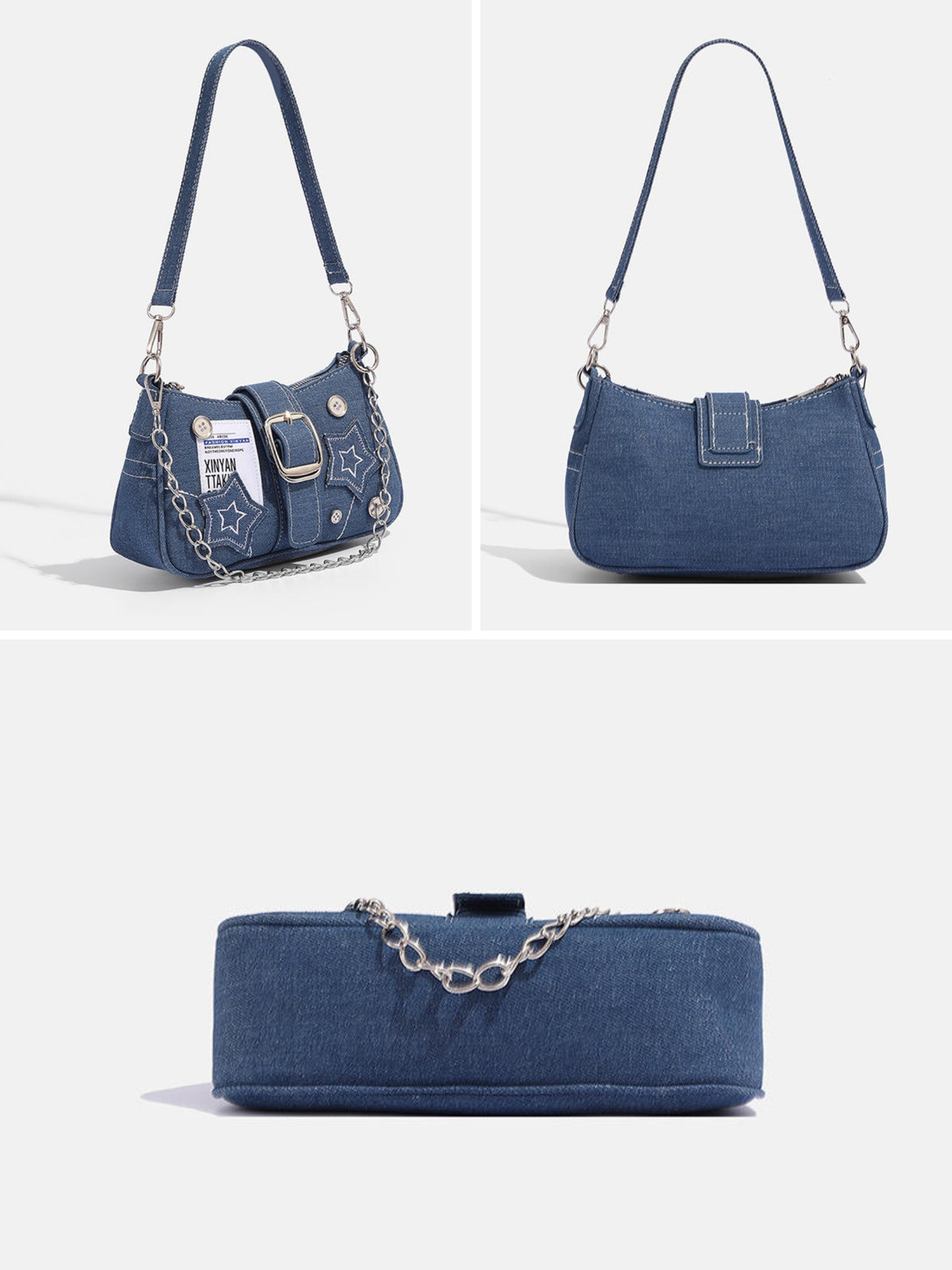 Image of Demerra Blue Shoulder Bag Trendy Y2K Black Shoulder Bag for Women | Star Patchwork Small Hobo Handbag