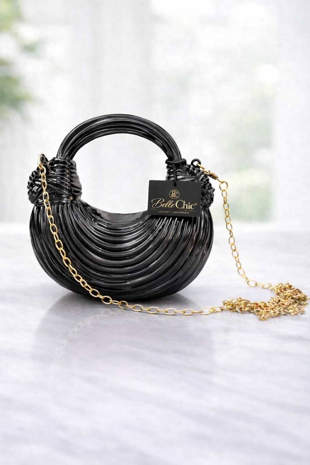 bellechic Black Clutch Metallic Mini Handbag Glosy Crescent Shape Crossbody Sling Bag with Golden Chain