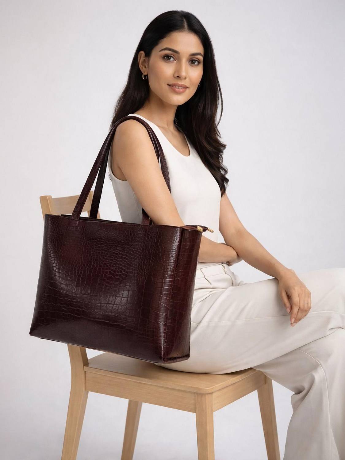 AIZEL Brown Tote with Crocodile Texture | Large Capacity Stylish Office & Daily Use Ladies Purse
